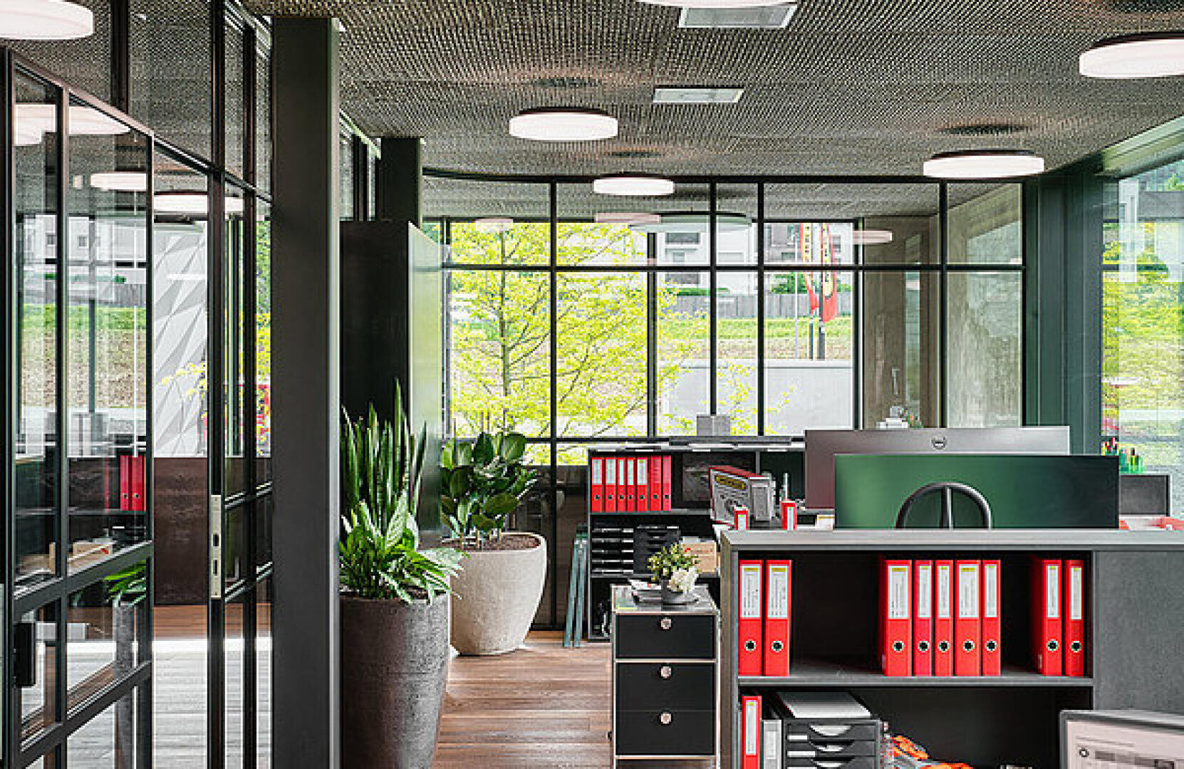 Modernes Büro mit Glaswänden, Schreibtischen mit Computern, schwarzen Regalen mit roten Ordnern, Topfpflanzen und großen Fenstern, die natürliches Licht hereinlassen und den Blick ins Grüne freigeben.