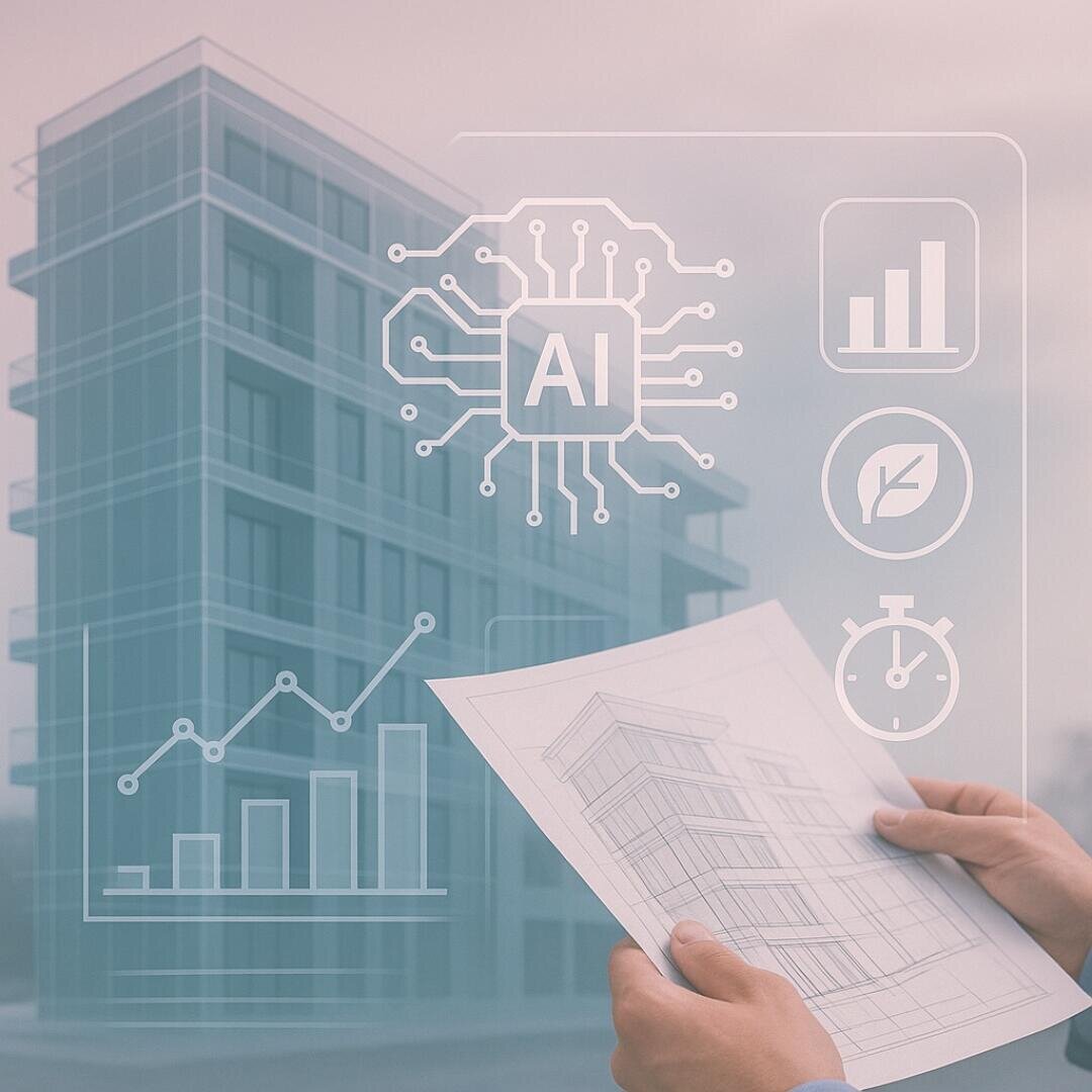 Eine Person hält Architekturpläne vor einem modernen Gebäude, in das digitale Symbole eingeblendet sind, darunter KI, Graphen, ein Blatt und eine Stoppuhr, die Technologie und Nachhaltigkeit in der Architektur symbolisieren.