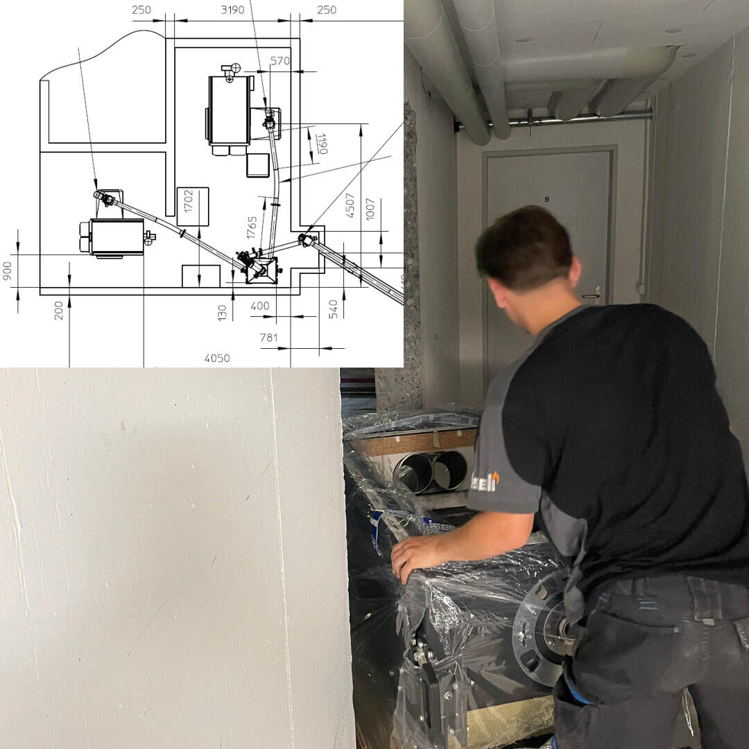 Eine Person schiebt eine große, verpackte Maschine durch einen engen Gang. In der oberen linken Ecke des Bildes ist ein technisches Diagramm mit genauen Abmessungen und Maschinenumrissen eingeblendet.