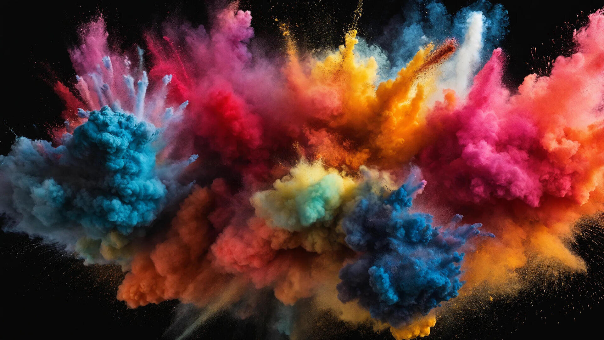 De puissants nuages de poudre colorée explosent sur un fond noir, où les tons rouges, bleus, orange, jaunes et roses se mélangent et tourbillonnent dramatiquement dans l'air.