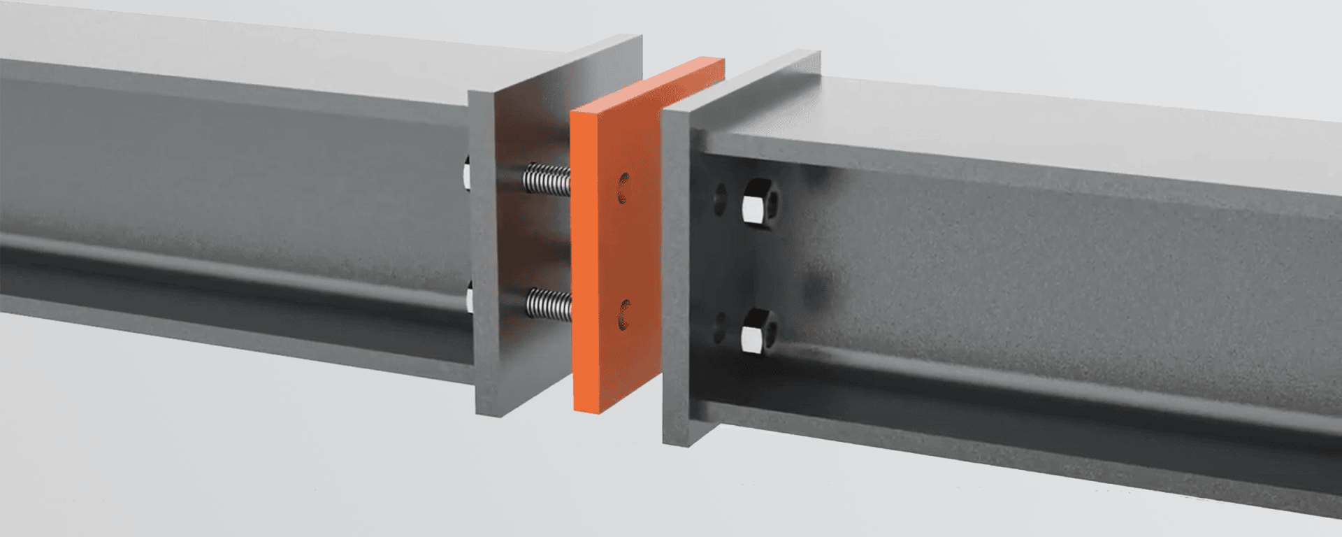 Un rendu numérique montre deux poutres en acier reliées par une plaque isolante orange et des vis, les poutres étant alignées mais séparées par la plaque au milieu.