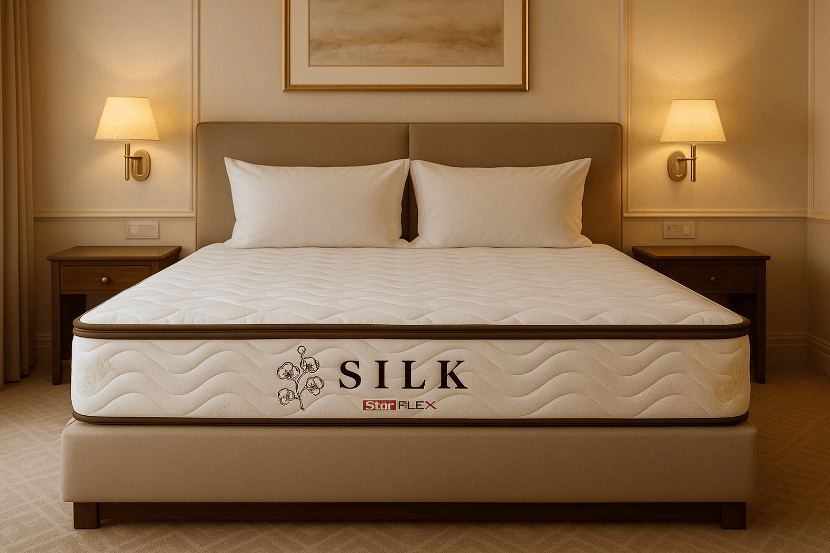 Un lit bien fait avec une tête de lit beige, deux oreillers blancs et un matelas étiqueté Silk StarFLEX. Deux tables de nuit en bois avec des lampes se trouvent de part et d'autre, dans une chambre à coucher élégante et doucement éclairée.