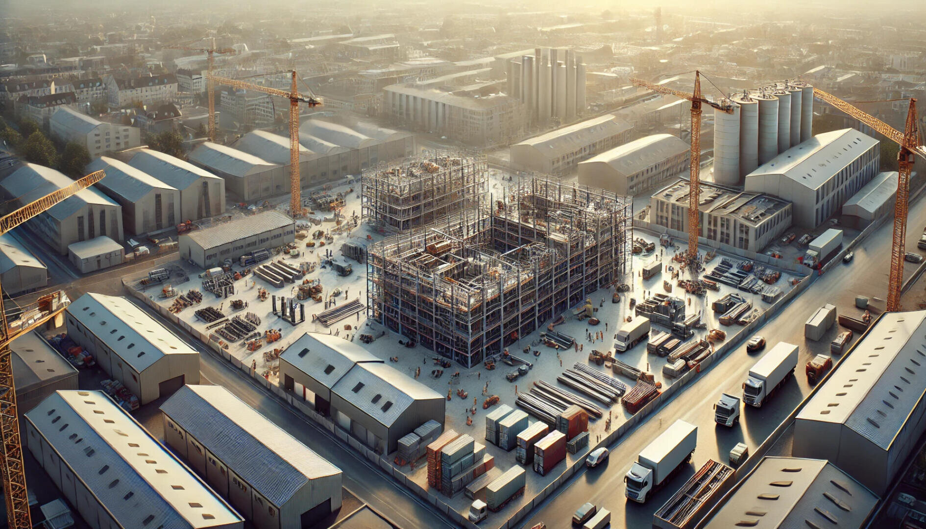 Luftaufnahme einer Großbaustelle mit Kränen, Gerüsten, Arbeitern und Materialien, umgeben von Lagerhäusern und Industriegebäuden in einer Stadtlandschaft bei Sonnenuntergang.