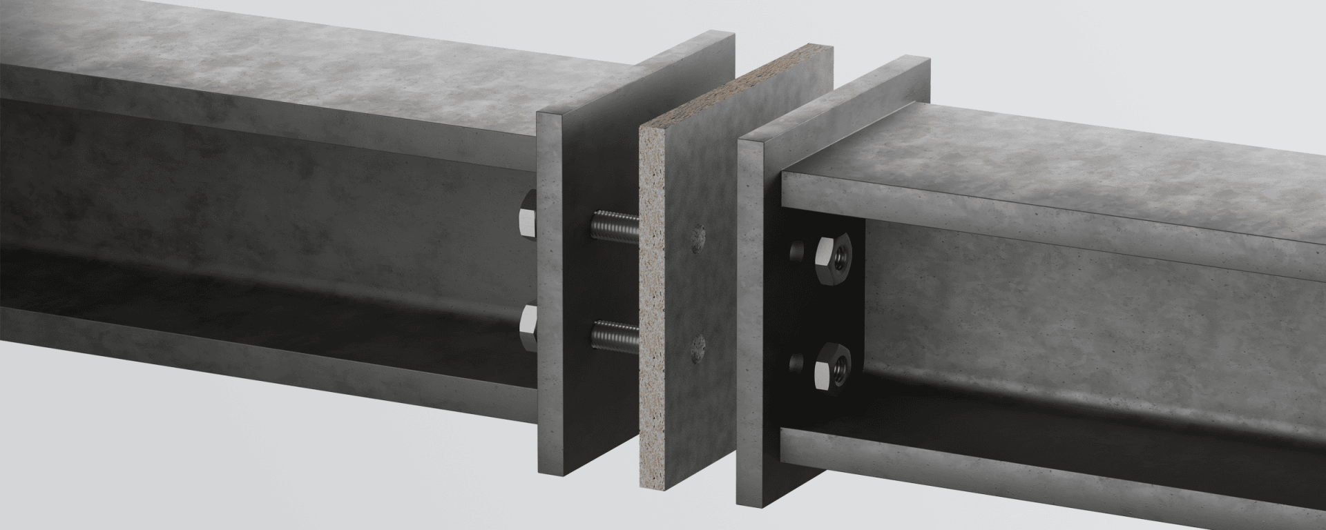 Deux poutres en I en acier sont reliées entre elles par un assemblage vissé à l'aide de plaques et d'entretoises. Le montage est montré dans une vue 3D rendue.