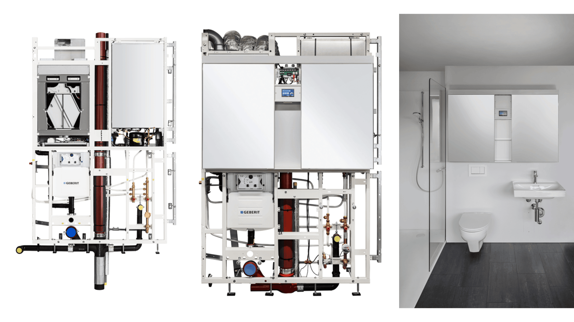 Drei Bilder: zwei technische Ansichten weißer Sanitär- und Heizungseinheiten mit sichtbaren Rohren und Leitungen sowie ein Foto eines modernen Badezimmers mit Toilette, Waschbecken und Wandschrank.
