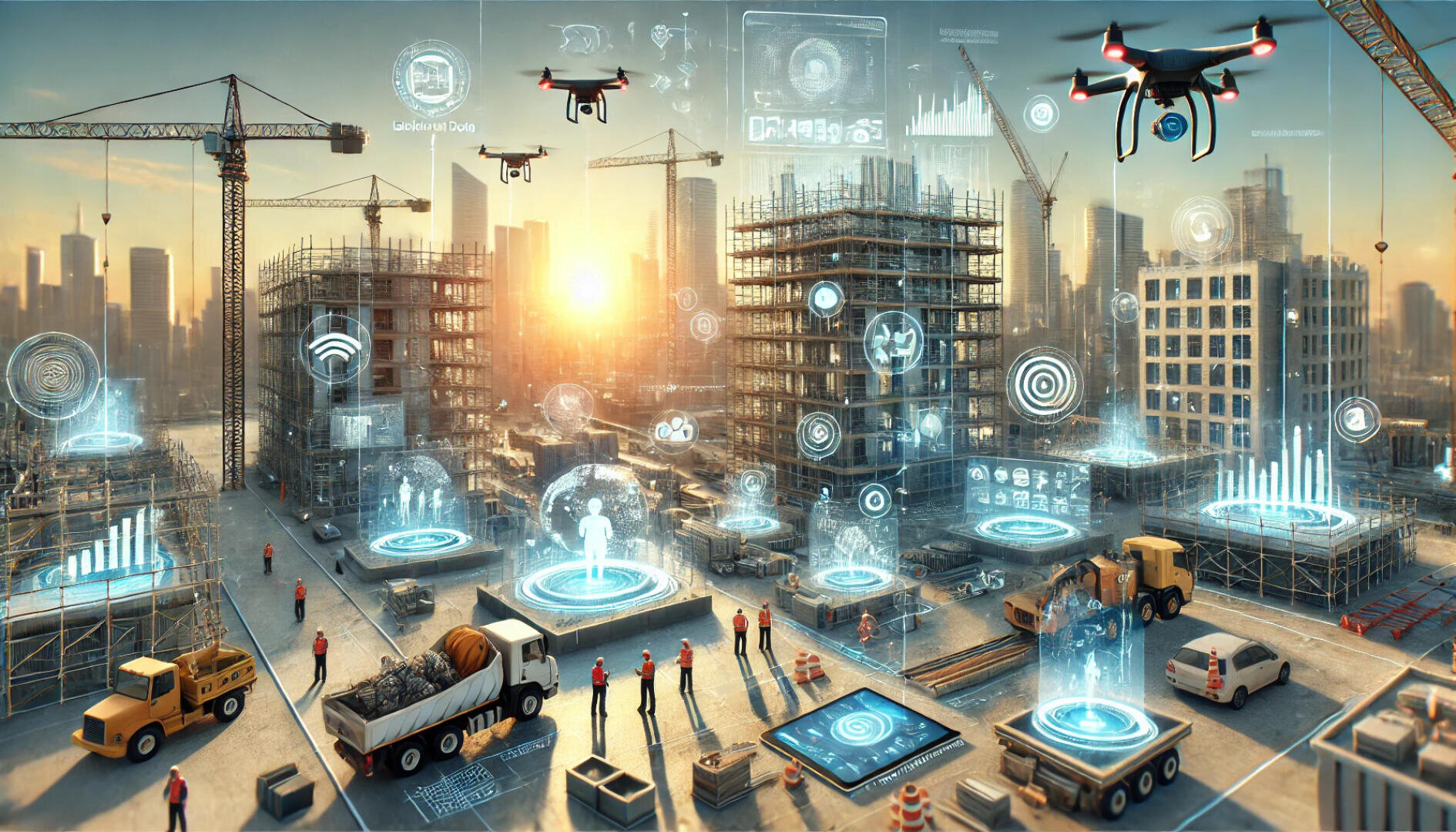 Eine Stadtbaustelle mit Kränen, Lastwagen, Drohnen und Arbeitern, überlagert von futuristischen digitalen Symbolen und Hologrammen, die Technologie, Daten und Konnektivität bei Sonnenaufgang symbolisieren.