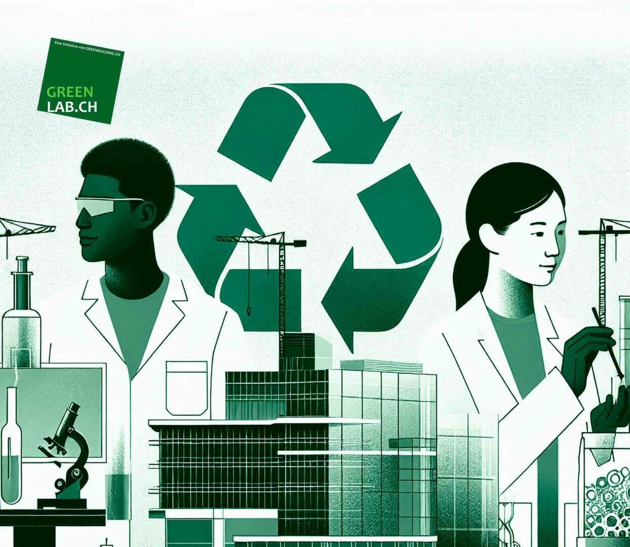 Zwei Wissenschaftler in Laborkitteln stehen zwischen Laborgeräten und modernen Gebäuden. Im Hintergrund befindet sich ein großes grünes Recycling-Symbol mit Kränen und einem "GREEN LAB.CH"-Schild, das für nachhaltige wissenschaftliche Forschung steht.