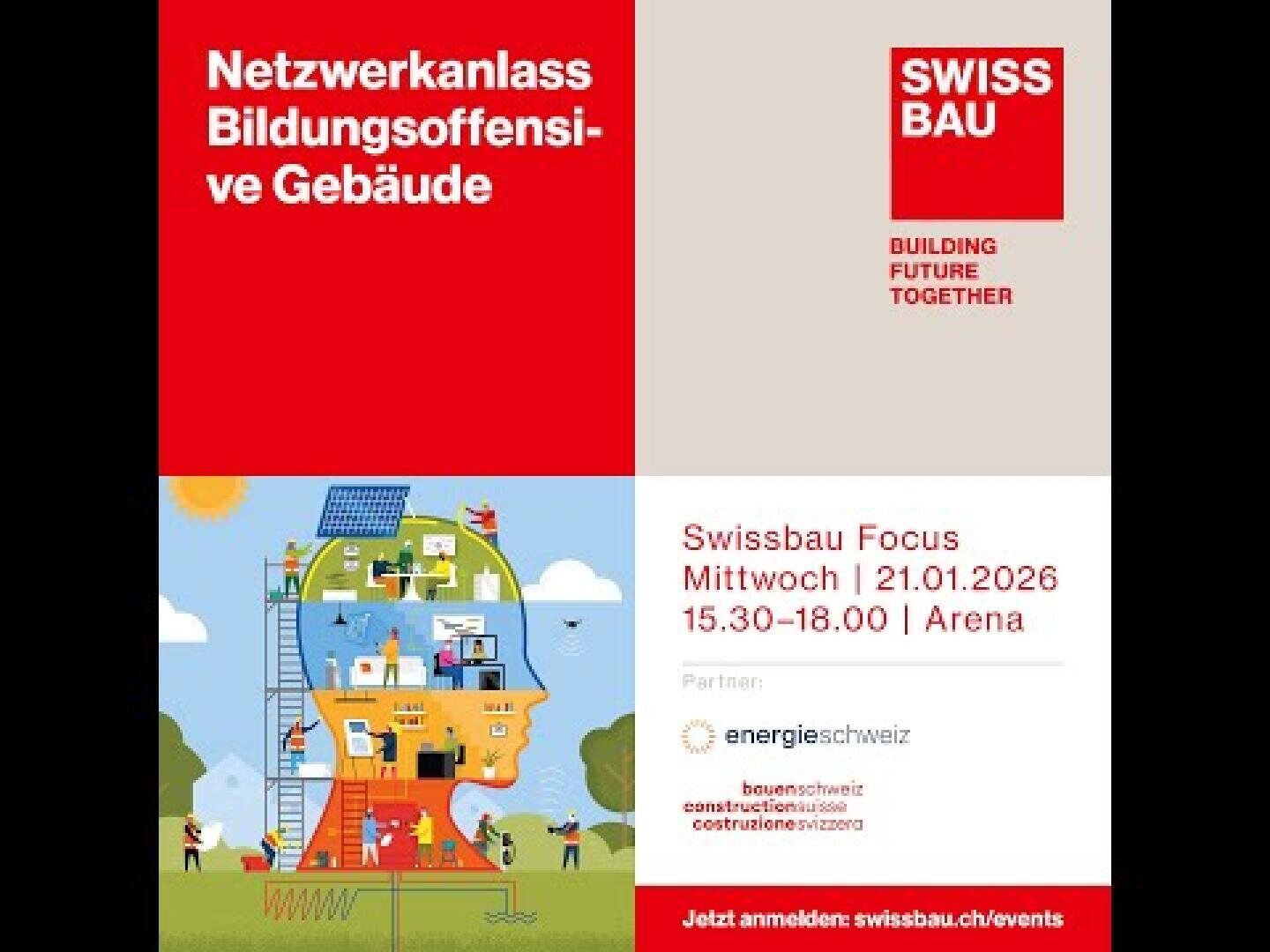 Ein Veranstaltungsflyer mit roten und weissen Blöcken, Swissbau- und Partnerlogos, Veranstaltungshinweisen für die Netzwerkanlass Bildungsoffensive Gebäude am 21.01.2026 und einer Illustration von Menschen, die an und in einem Haus arbeiten.