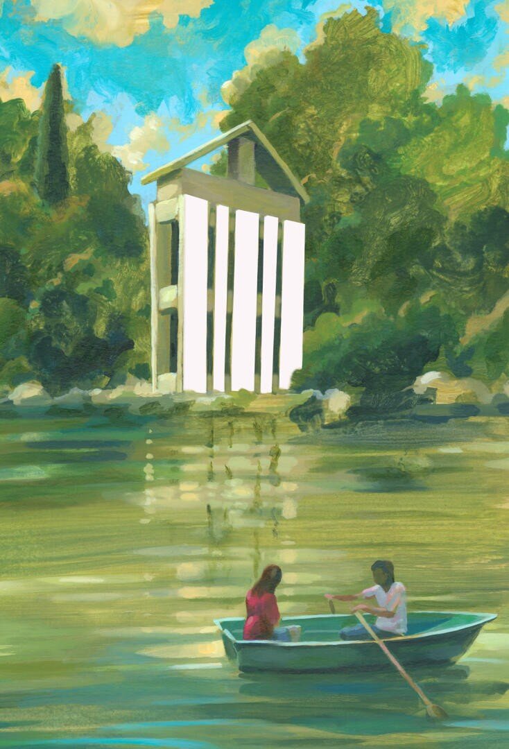 Deux personnes sont assises dans une barque à rames sur un lac tranquille, avec des arbres verts luxuriants et un grand bâtiment à colonnes blanches en arrière-plan, qui se reflète dans l'eau sous un ciel partiellement nuageux.