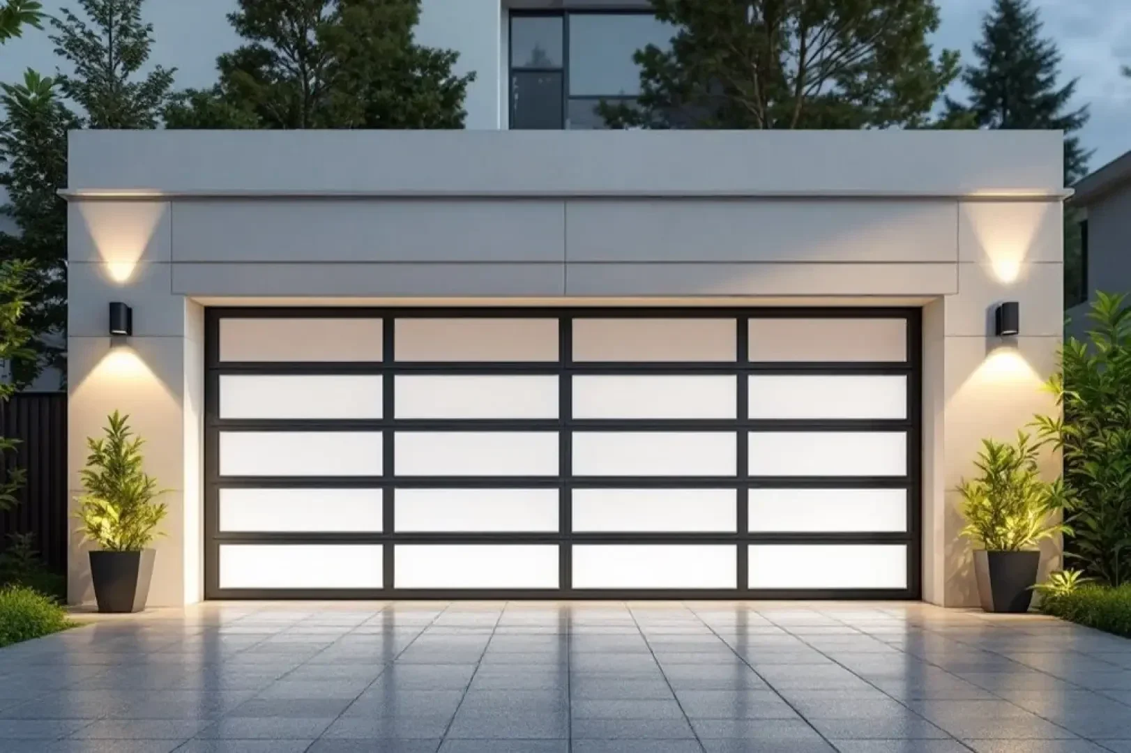 Garage moderne avec une grande porte en verre dépoli encadrée de noir, éclairée par deux appliques murales et entourée de plantes en pot sur une allée carrelée. En arrière-plan, on aperçoit des arbres et une partie d'un bâtiment.