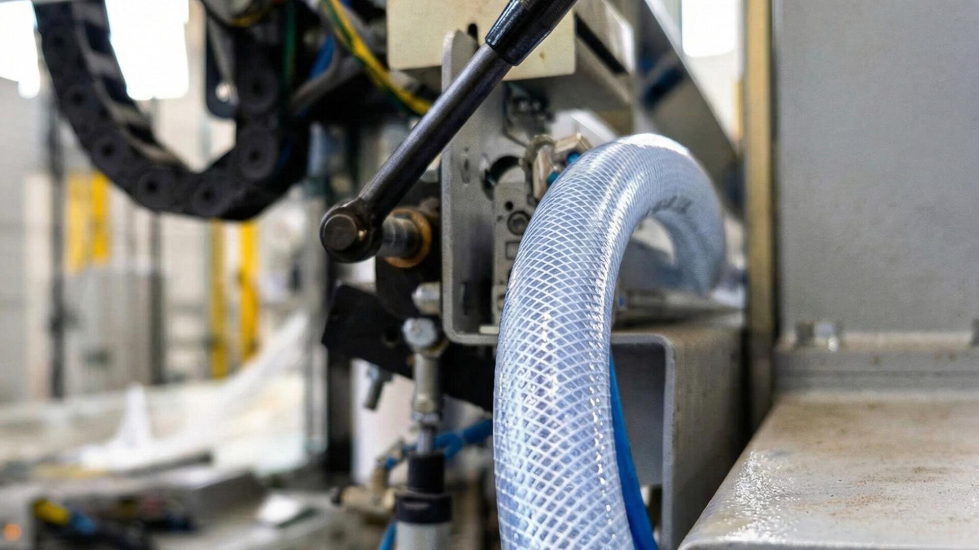 Nahaufnahme einer Industriemaschine mit einem geflochtenen transparenten Schlauch, der mit Metallteilen verbunden ist, umgeben von mechanischen Teilen und Drähten in einer Fabrikumgebung.