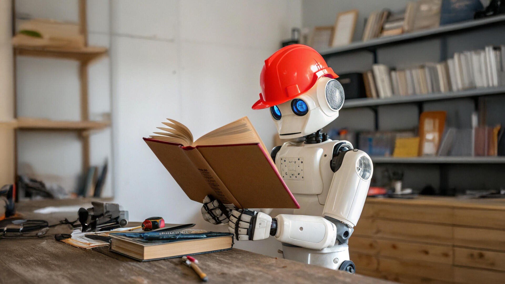 Ein humanoider Roboter mit einem roten Schutzhelm liest an einem Schreibtisch in einer Werkstatt oder Bibliothek ein aufgeschlagenes Buch, während im Hintergrund Regale mit Büchern und Werkzeugen zu sehen sind.
