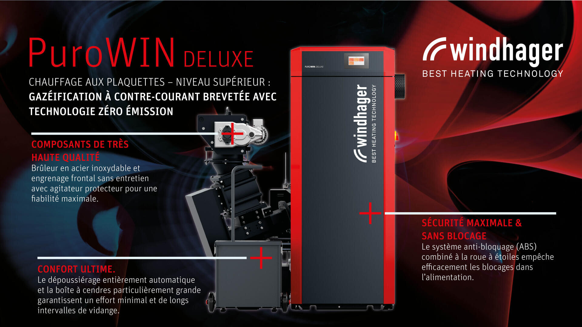 Un système de chauffage à copeaux de bois Windhager PuroWIN Deluxe rouge et noir se trouve à côté d'un diagramme de mécanisme interne, avec un texte en français soulignant ses caractéristiques, notamment la haute qualité, le confort et la sécurité sur un fond sombre.