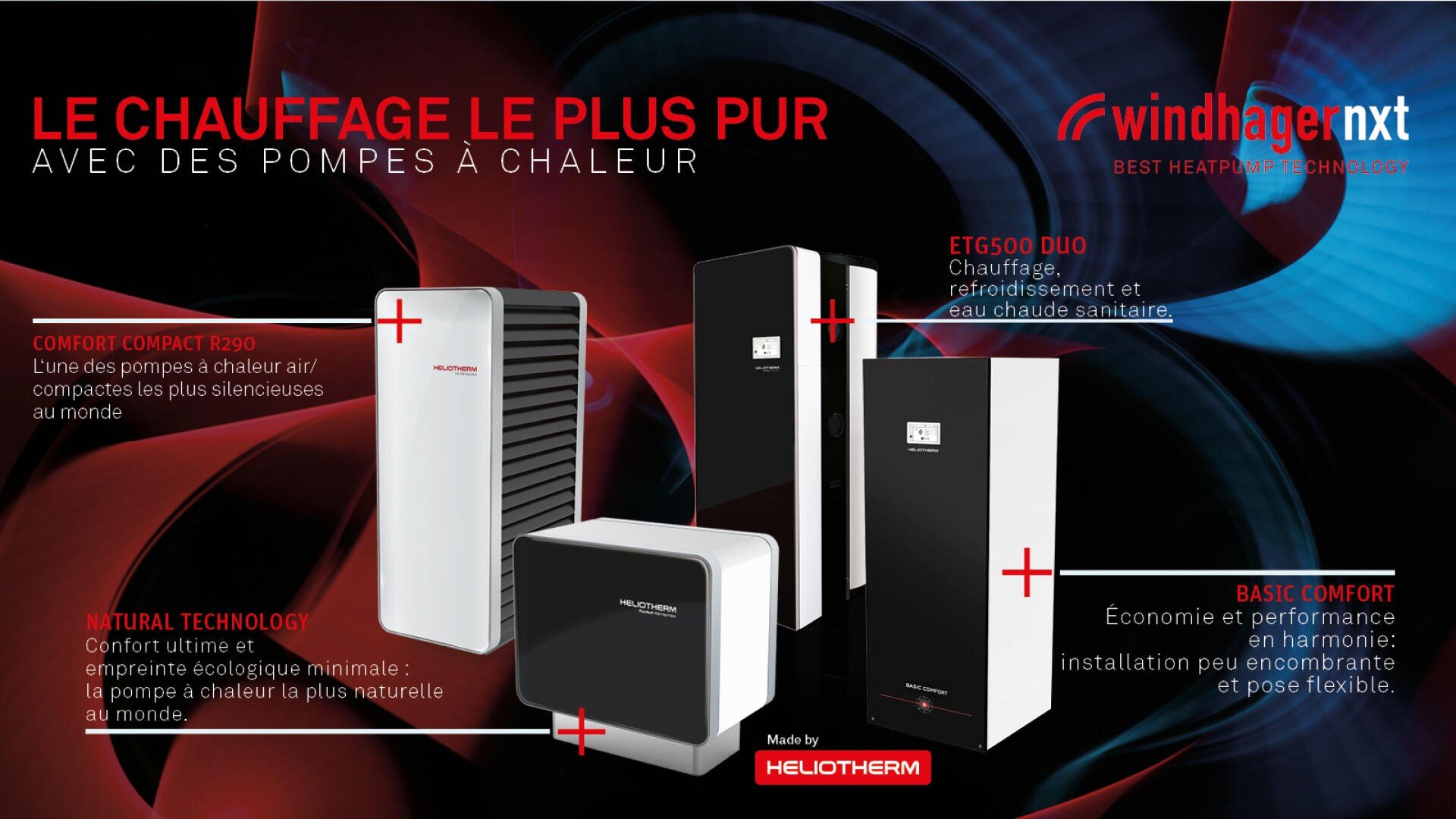 Graphique promotionnel pour la technologie des pompes à chaleur Windhager, montrant quatre pompes à chaleur compactes avec un texte en français décrivant des caractéristiques telles que le chauffage écologique, le chauffage de l'air et de l'eau et l'efficacité énergétique. Fond rouge et noir.