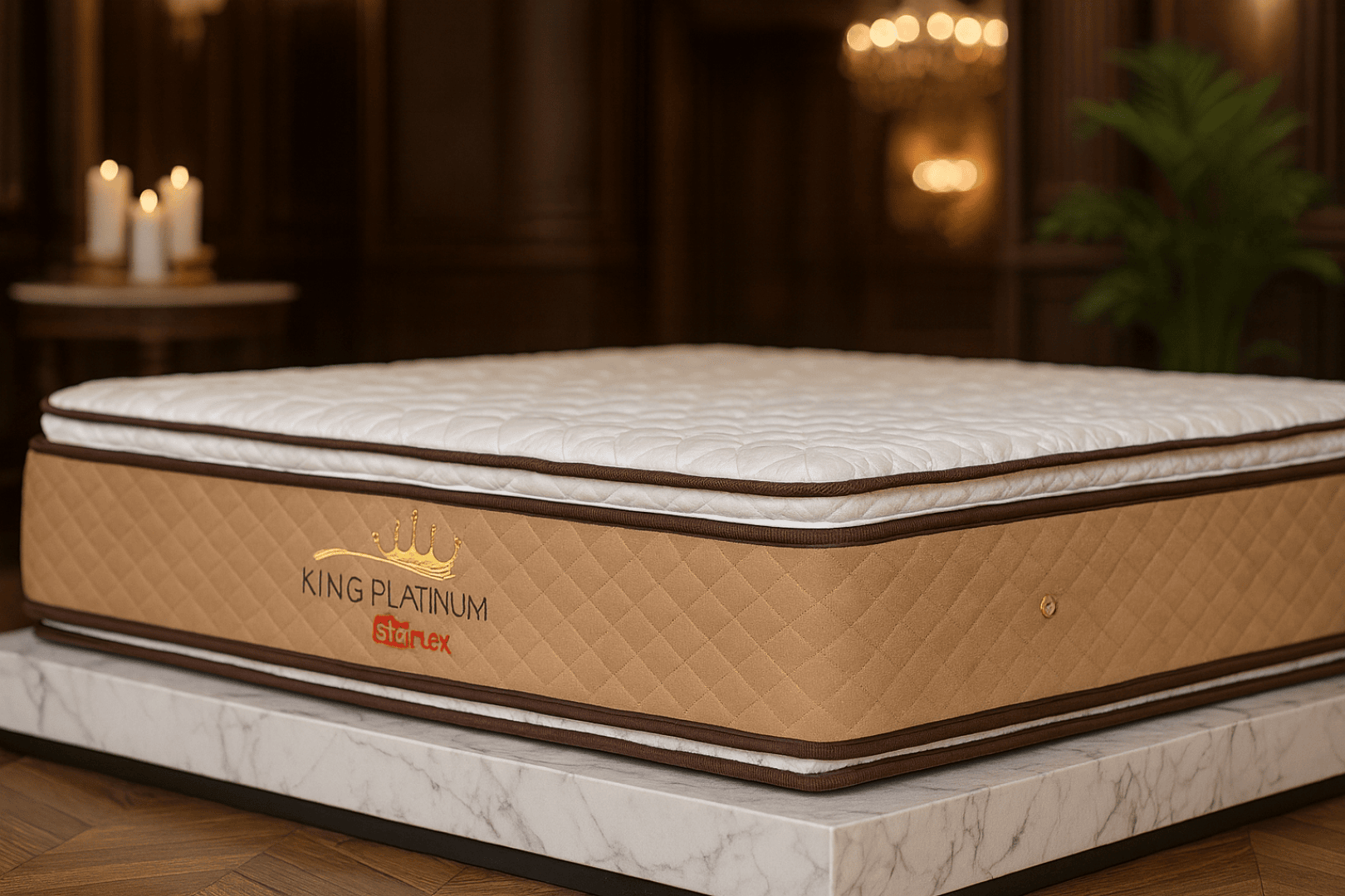 Un luxueux matelas King Platinum Stanex piqué, aux côtés beiges et bruns, repose sur une plateforme en marbre blanc dans une pièce élégante faiblement éclairée, avec des bougies et des plantes décoratives en arrière-plan.