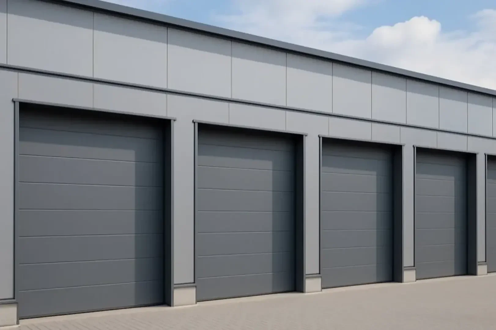 Une rangée de quatre portes de garage industrielles grises et fermées sur un bâtiment commercial moderne, devant une surface pavée et au-dessus un ciel partiellement nuageux.