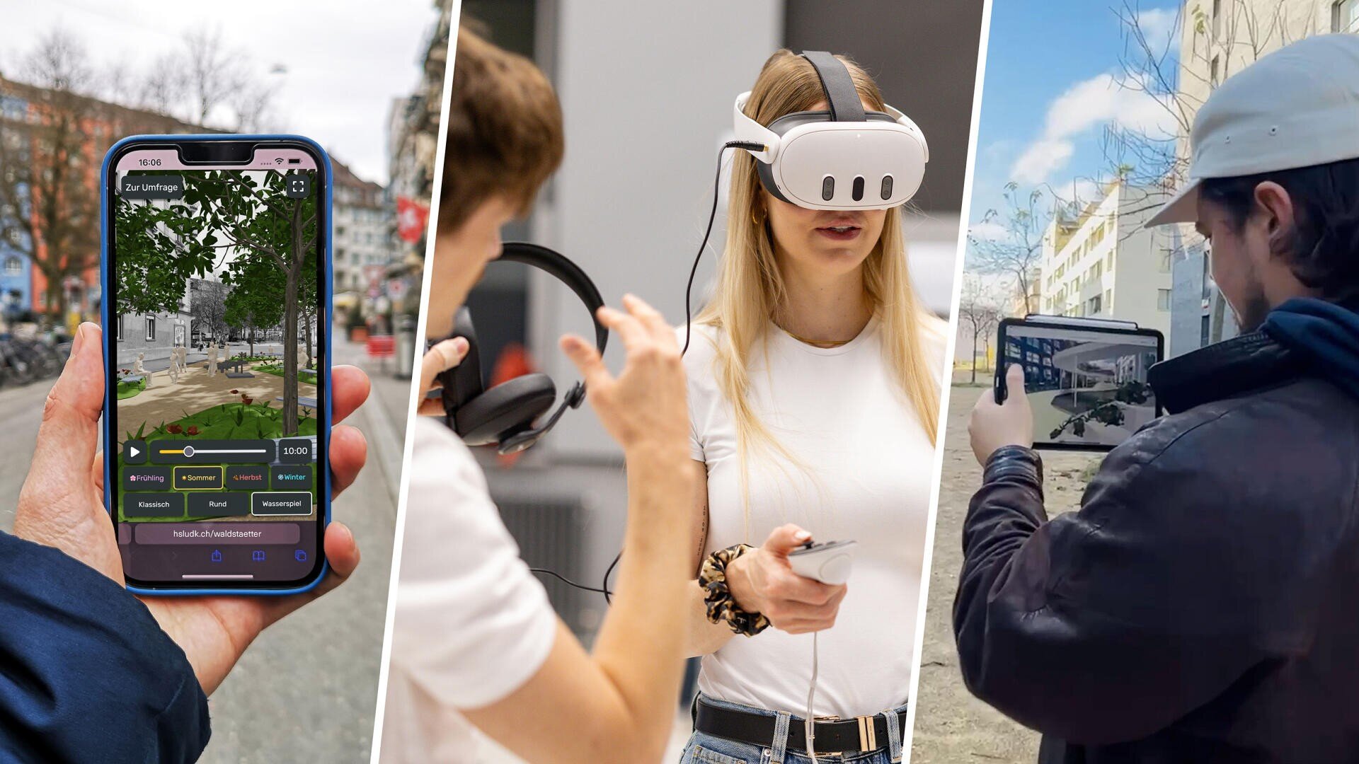 Eine Collage zeigt eine Person, die eine Augmented-Reality-App auf einem Smartphone benutzt, eine Frau, die ein Virtual-Reality-Headset trägt, und eine andere Person, die im Freien ein Tablet benutzt, die sich alle mit digitalen oder virtuellen Umgebungen beschäftigen.