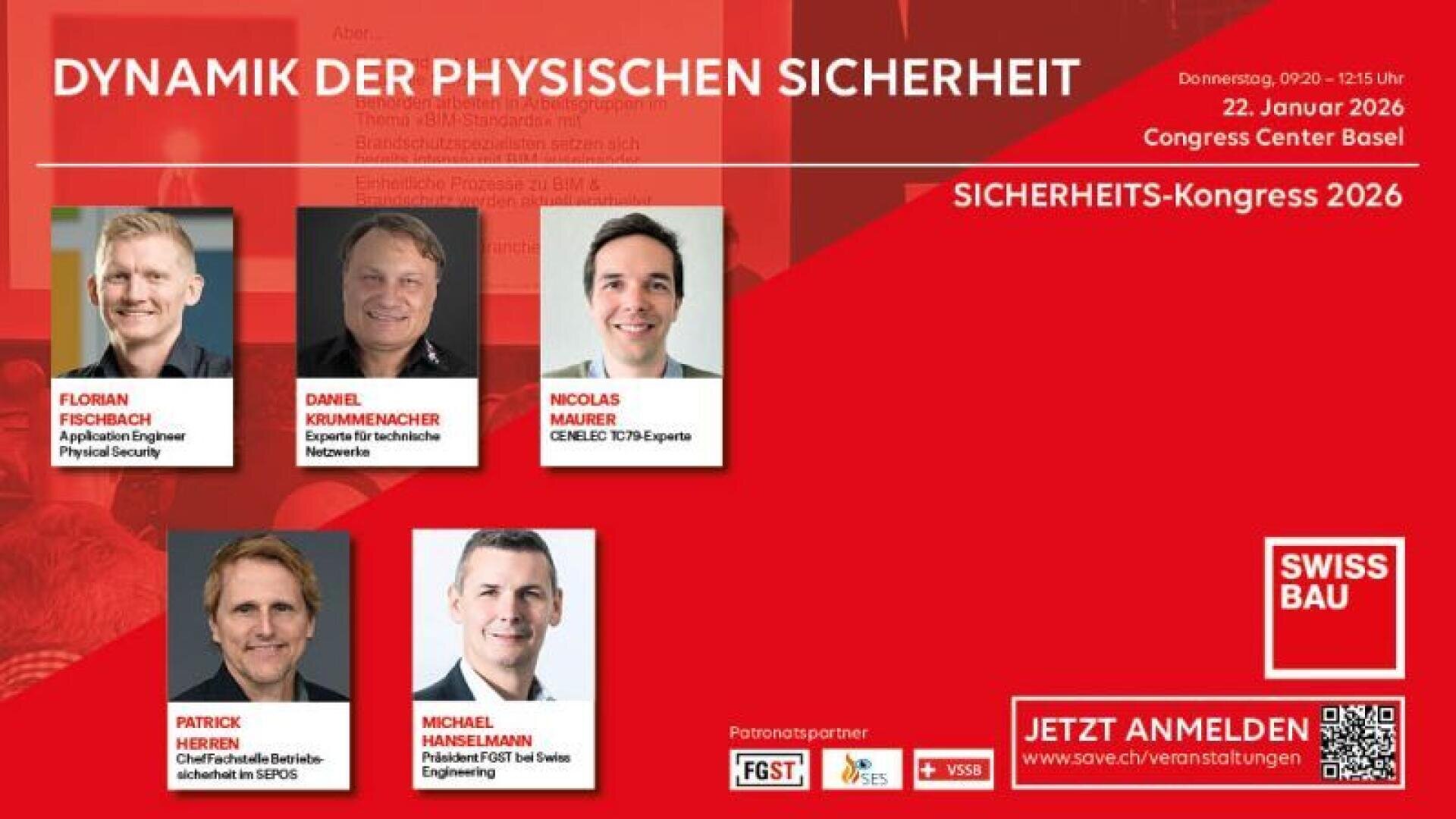 Une bannière de conférence pour le Congrès sur la sécurité 2026 à Bâle avec les portraits et les noms de cinq conférenciers masculins avec les titres, les détails de l'événement et les logos sur un fond rouge.