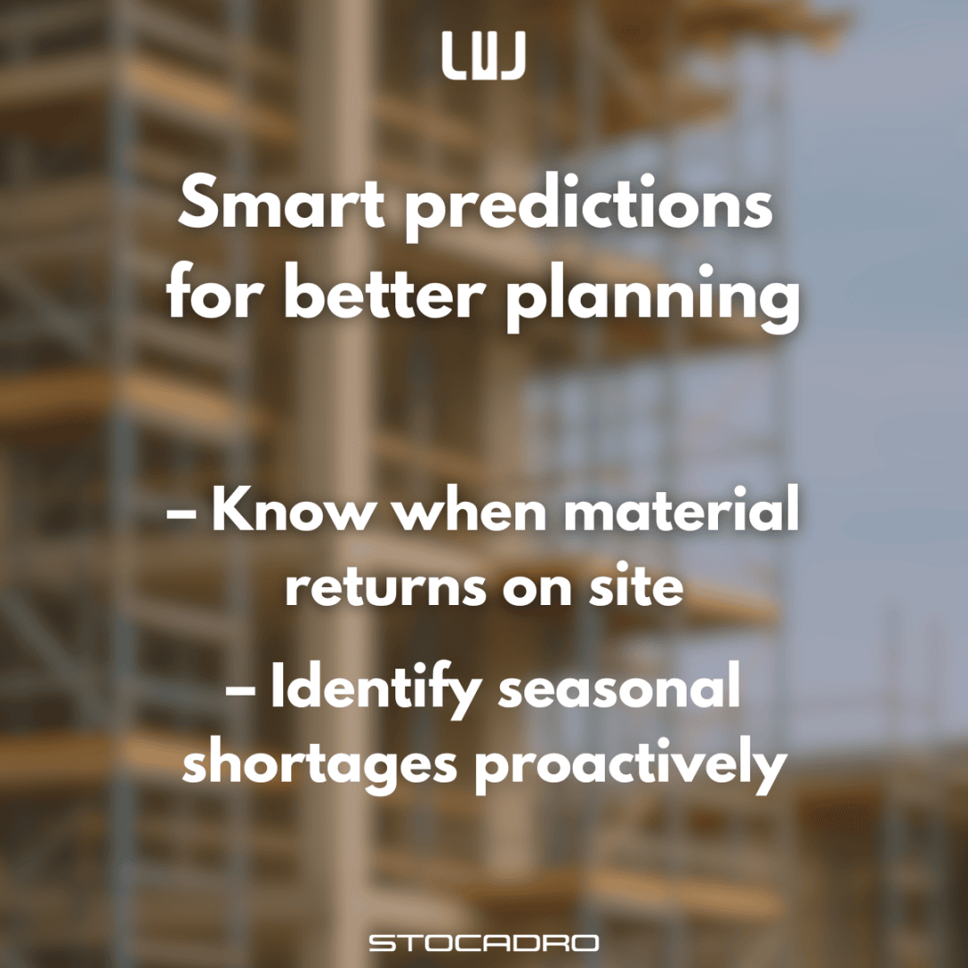 Unscharfer Baustellenhintergrund mit Text: Intelligente Vorhersagen für bessere Planung - Wissen, wann Material auf der Baustelle zurückkommt - Saisonale Engpässe proaktiv erkennen. STOCADRO-Logo am unteren Rand.