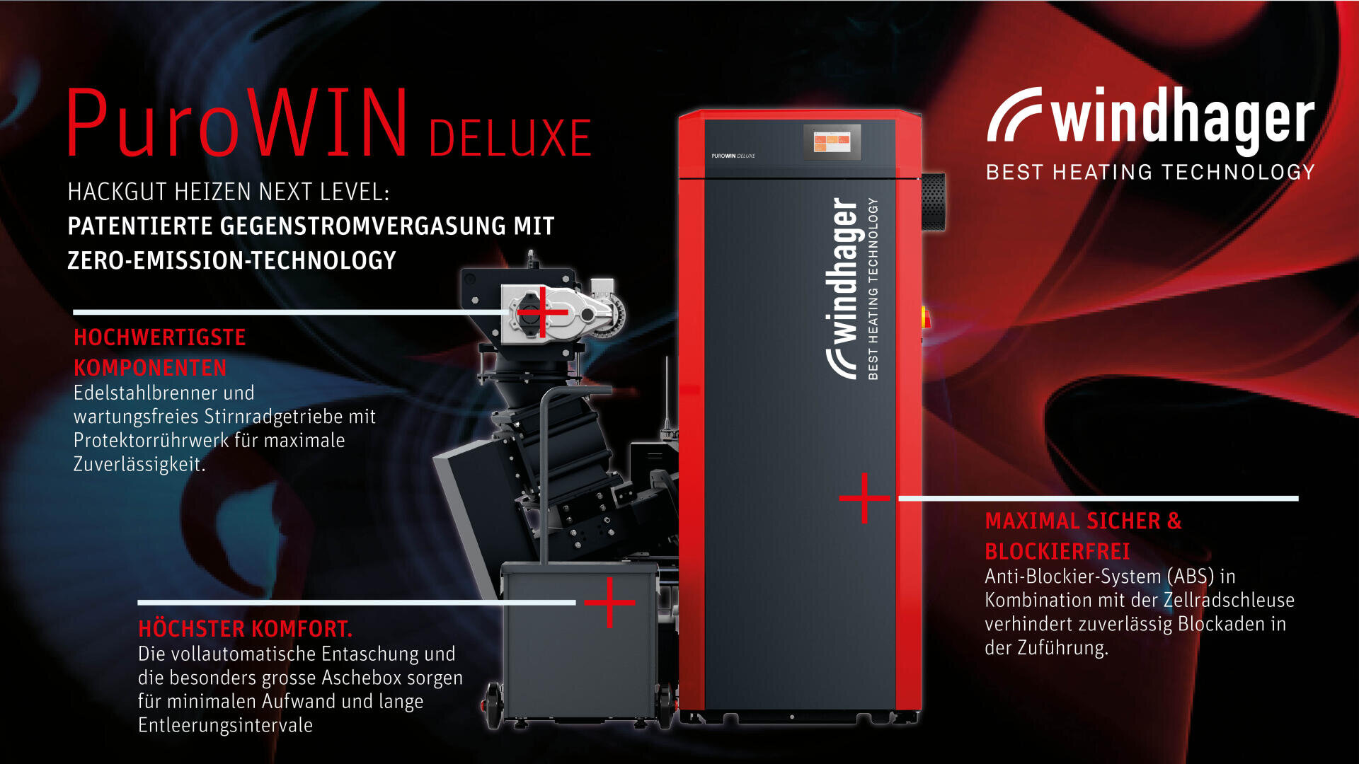 Ein Werbebild für das Windhager PuroWIN Deluxe Hackschnitzelheizsystem, das das Gerät und den Trichter zeigt, mit einem deutschen Text, der die Eigenschaften, die Technologie, die Sicherheit, den Komfort und das emissionsfreie System hervorhebt.