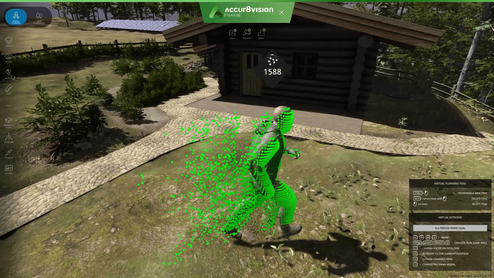 Une simulation informatique montre une figure humaine verte marchant devant une cabane en rondins et laissant derrière elle une traînée de particules vertes éparpillées. Les données et les paramètres de la simulation sont visibles à l'écran.