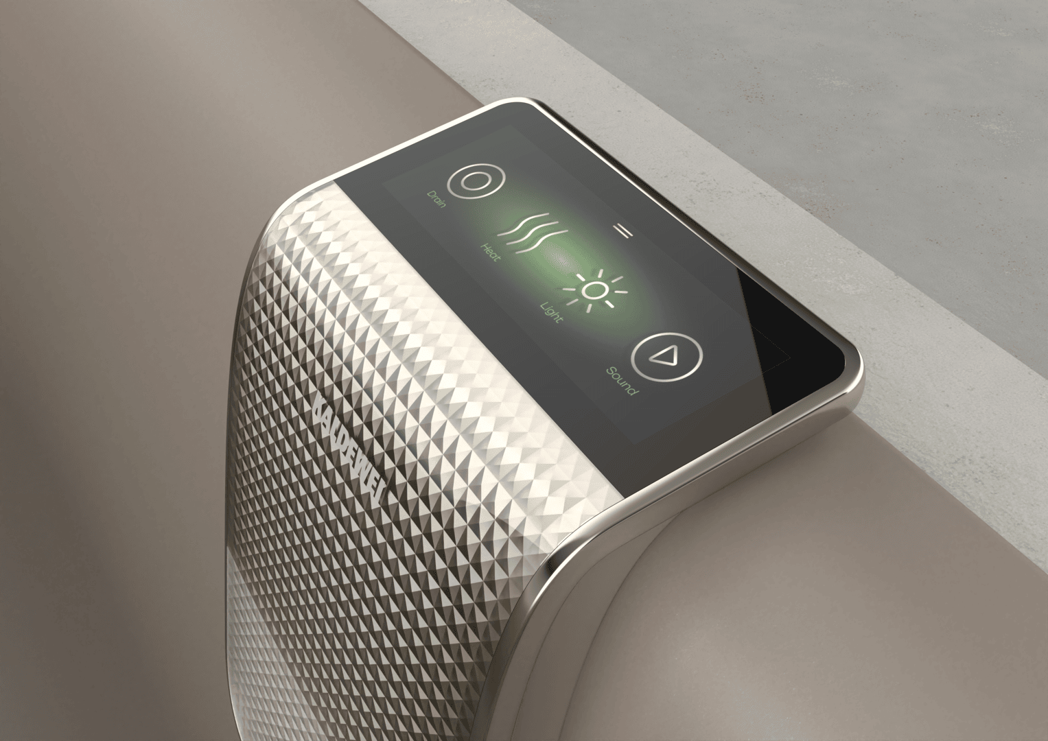 Eine Nahaufnahme eines modernen, metallischen Smart-Home-Bedienfelds mit Optionen für Trocknung, Heizung, Beleuchtung und Sound, wobei der Markenname "HUAWEI" unter der Touchscreen-Oberfläche sichtbar ist.