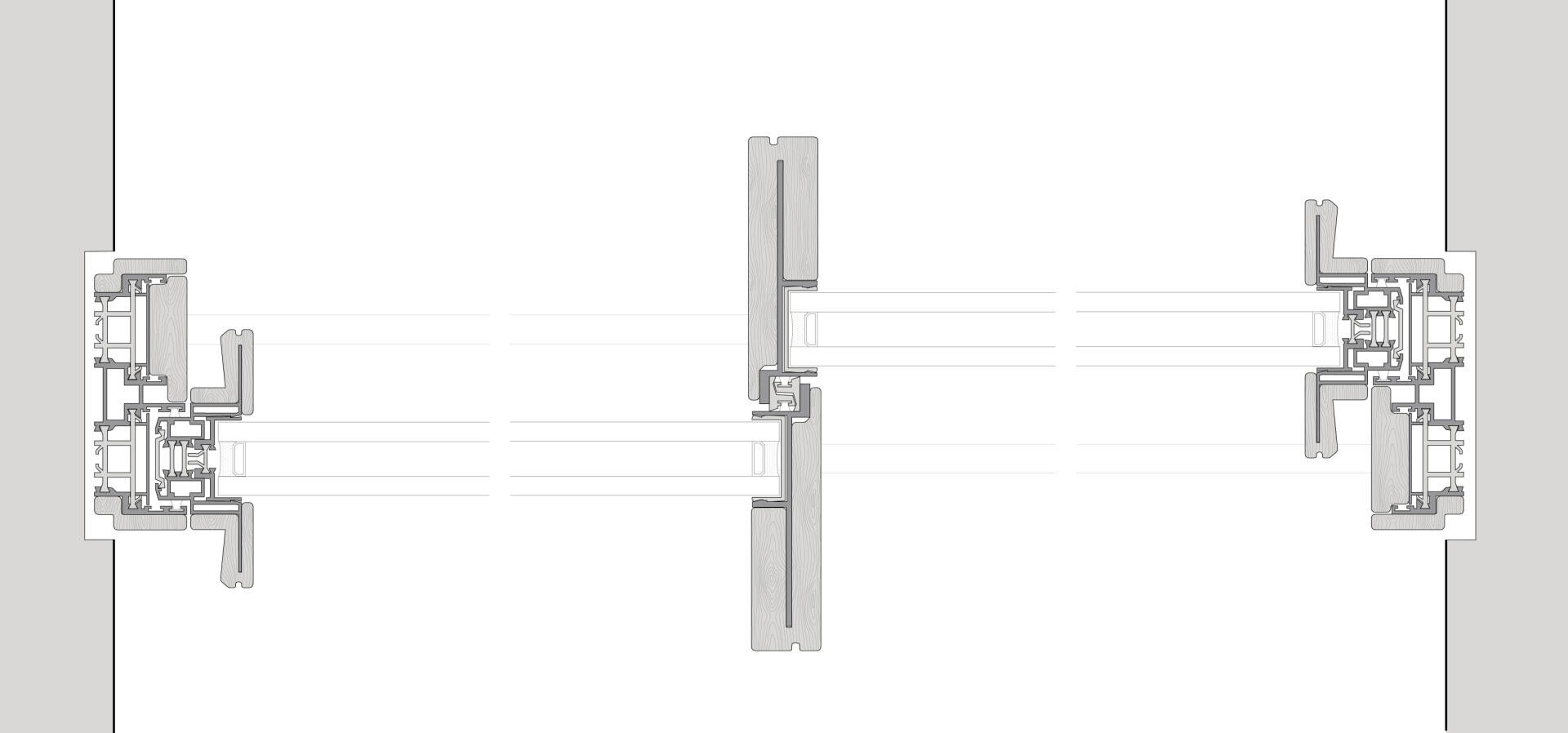 Technische Zeichnung eines Querschnittsdetail, das die Verbindung zwischen zwei Glasfassadenpaneelen mit Aluminiumrahmen und Dichtungen zeigt, die auf beiden Seiten von massiven Wandteilen flankiert werden.