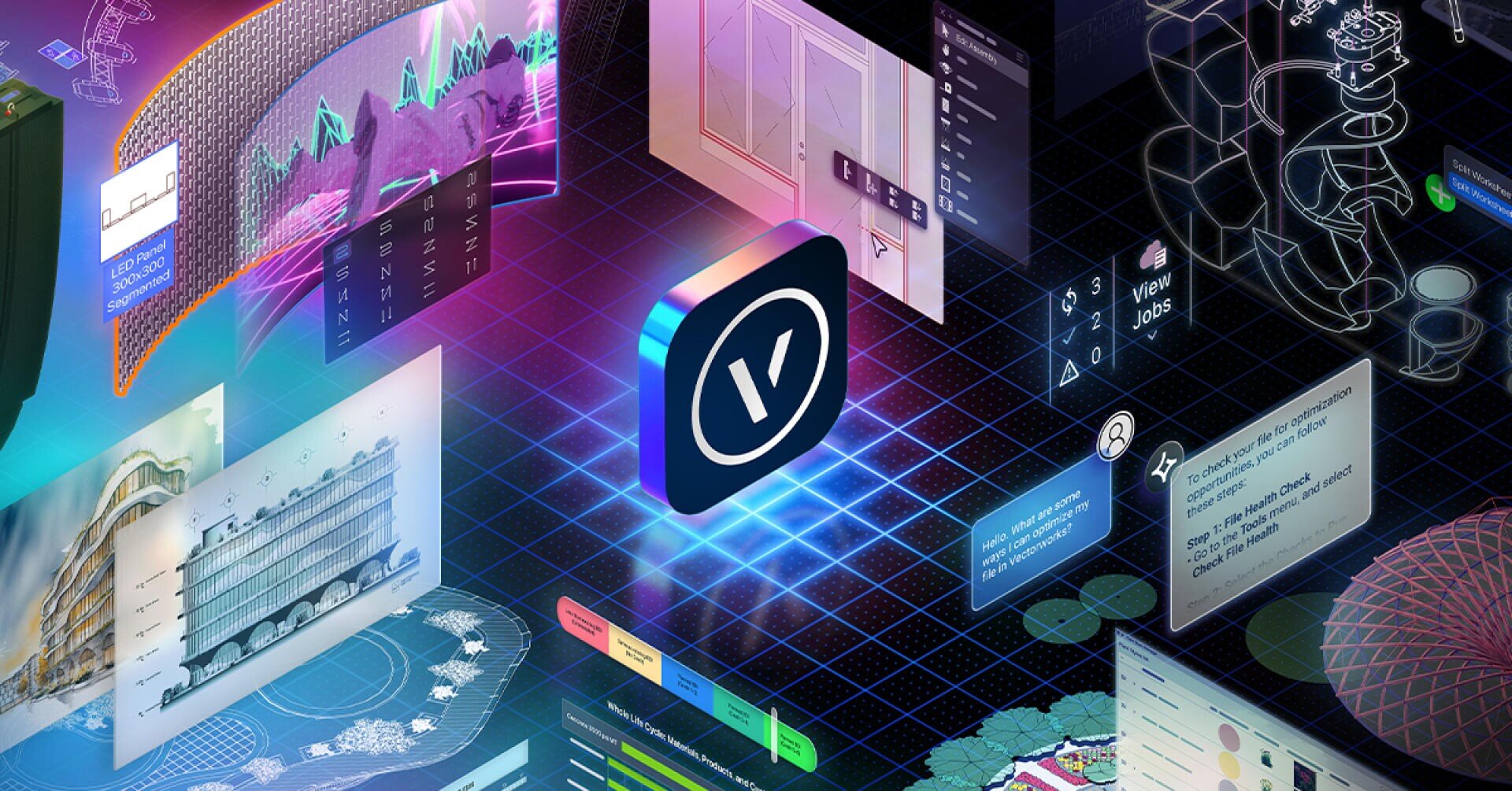 Ein leuchtendes V-förmiges Logo schwebt über einem digitalen Gitter, umgeben von schwebenden Bildschirmen, die architektonische Entwürfe, Diagramme, technische Zeichnungen, Projektpläne und 3D-Modelle in einem lebendigen, futuristischen Stil zeigen.