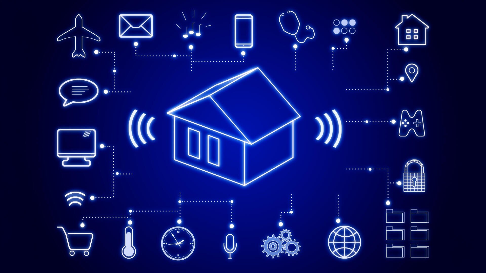 Ein leuchtend blauer Umriss eines Hauses ist von Symbolen umgeben, die Smart-Home-Geräte darstellen, wie z. B. ein Schloss, eine Glühbirne, ein Thermostat, ein Einkaufswagen, ein Computer, ein Smartphone und ein Spielecontroller. Gestrichelte Linien verbinden jedes Symbol mit dem Haus.