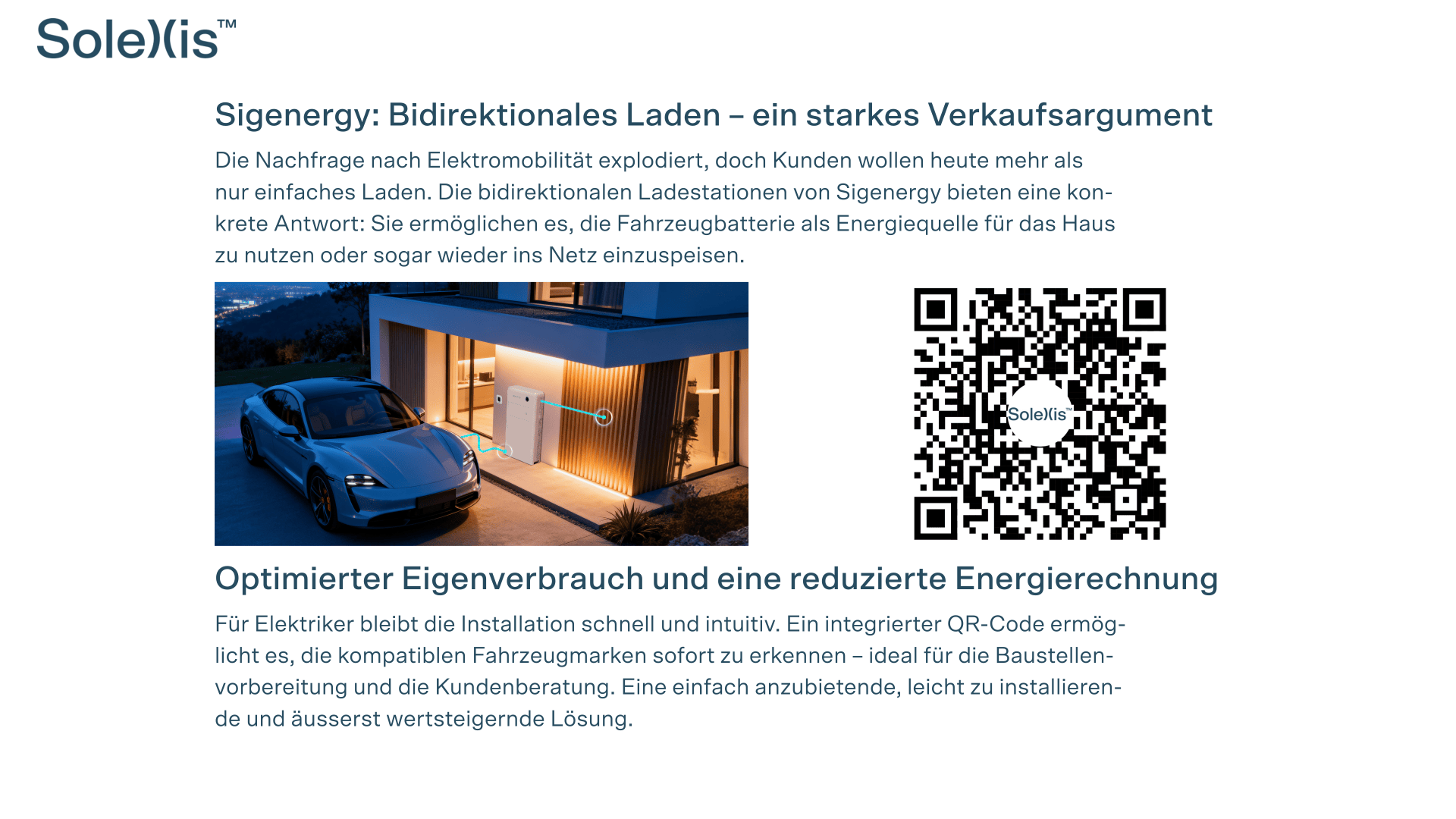 Gezeigt wird ein modernes Haus bei Sonnenuntergang, vor dem ein Elektroauto geparkt ist. An der Hauswand ist eine bidirektionale Ladestation angebracht. Daneben befindet sich ein QR-Code mit dem Solexis-Logo. Ein deutscher Text über bidirektionales Laden ist sichtbar.