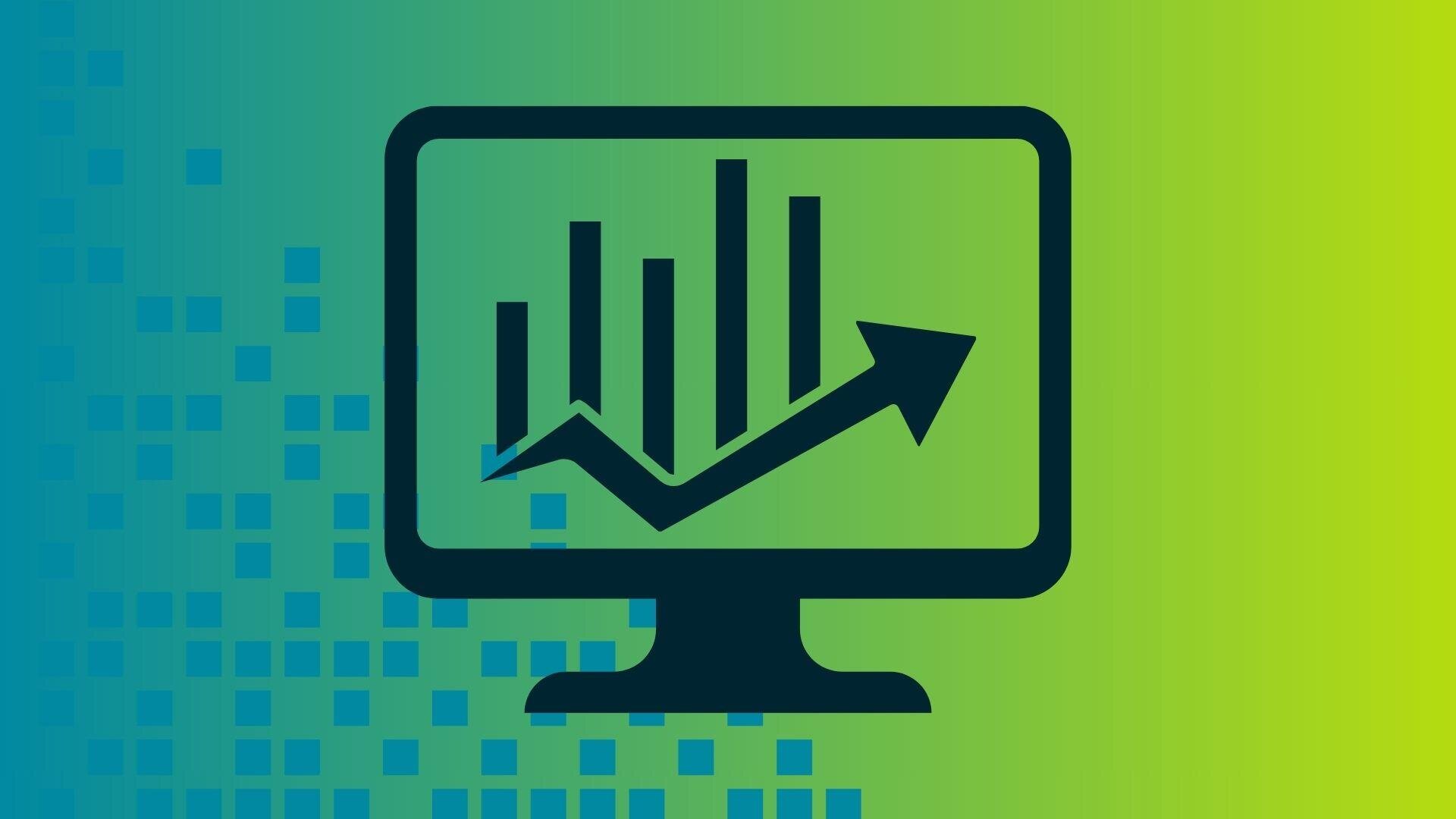 Ein Computermonitor-Symbol zeigt ein Balkendiagramm mit einem aufwärts gerichteten Pfeil, der Datenanalyse oder Wachstum symbolisiert, auf einem Hintergrund mit blauem bis grünem Farbverlauf und verstreuten quadratischen Pixelmustern.