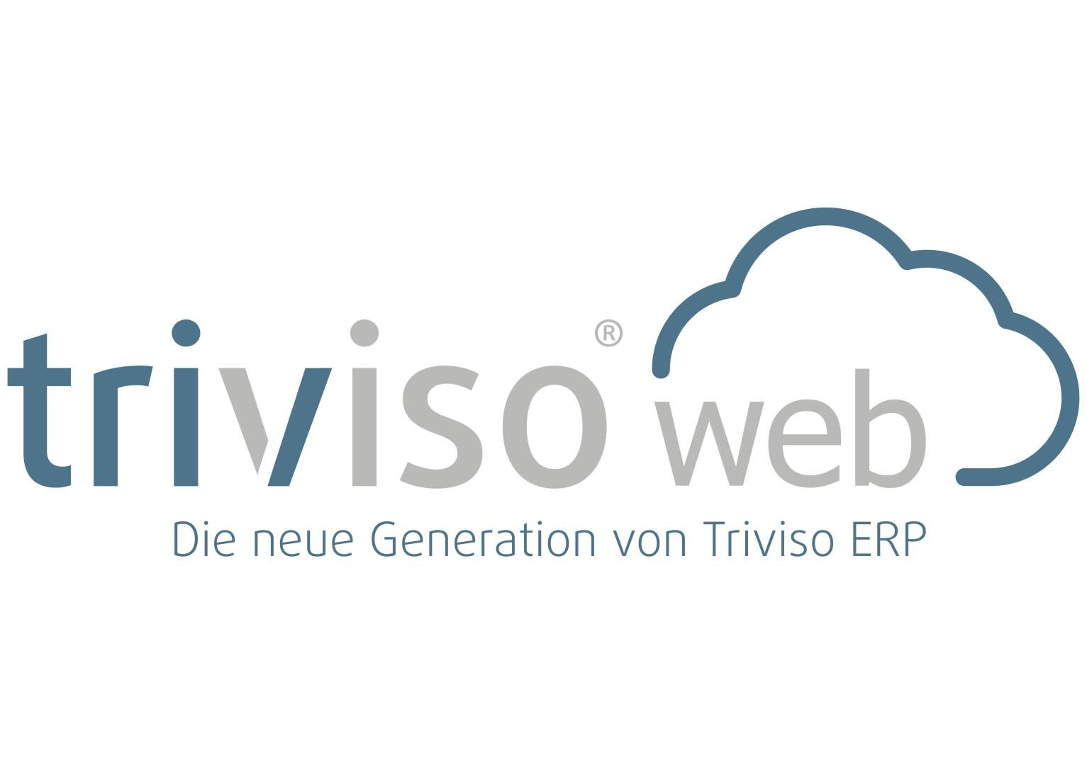 Logo für triviso web mit dem Text triviso web und dem blauen Umriss einer Wolke. Darunter steht Die neue Generation von Triviso ERP in blauer deutscher Schrift.