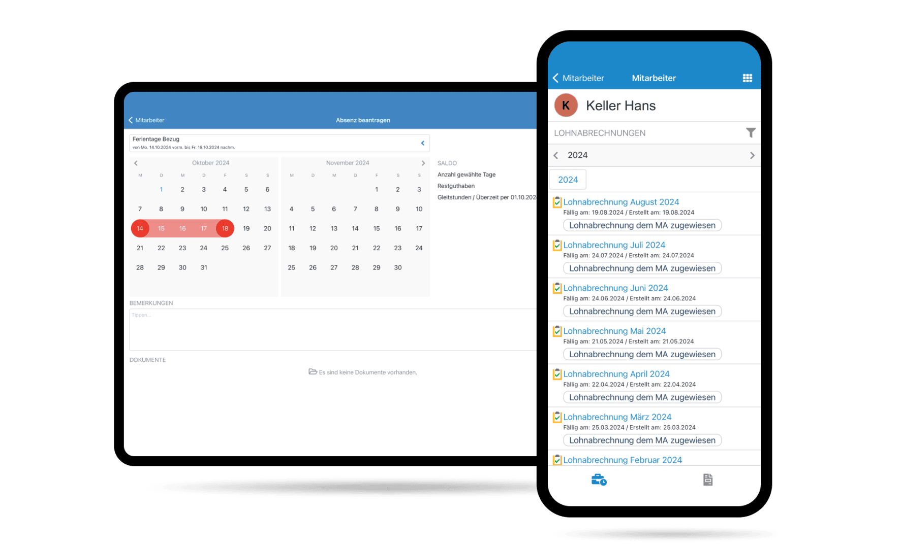Un écran d'ordinateur et un écran de smartphone présentent une application de gestion de la paie. L'écran de gauche montre une vue du calendrier pour novembre 2024 ; l'écran de droite montre les fiches de paie d'un employé nommé Keller Hans, avec une liste des mois et des documents de paie.