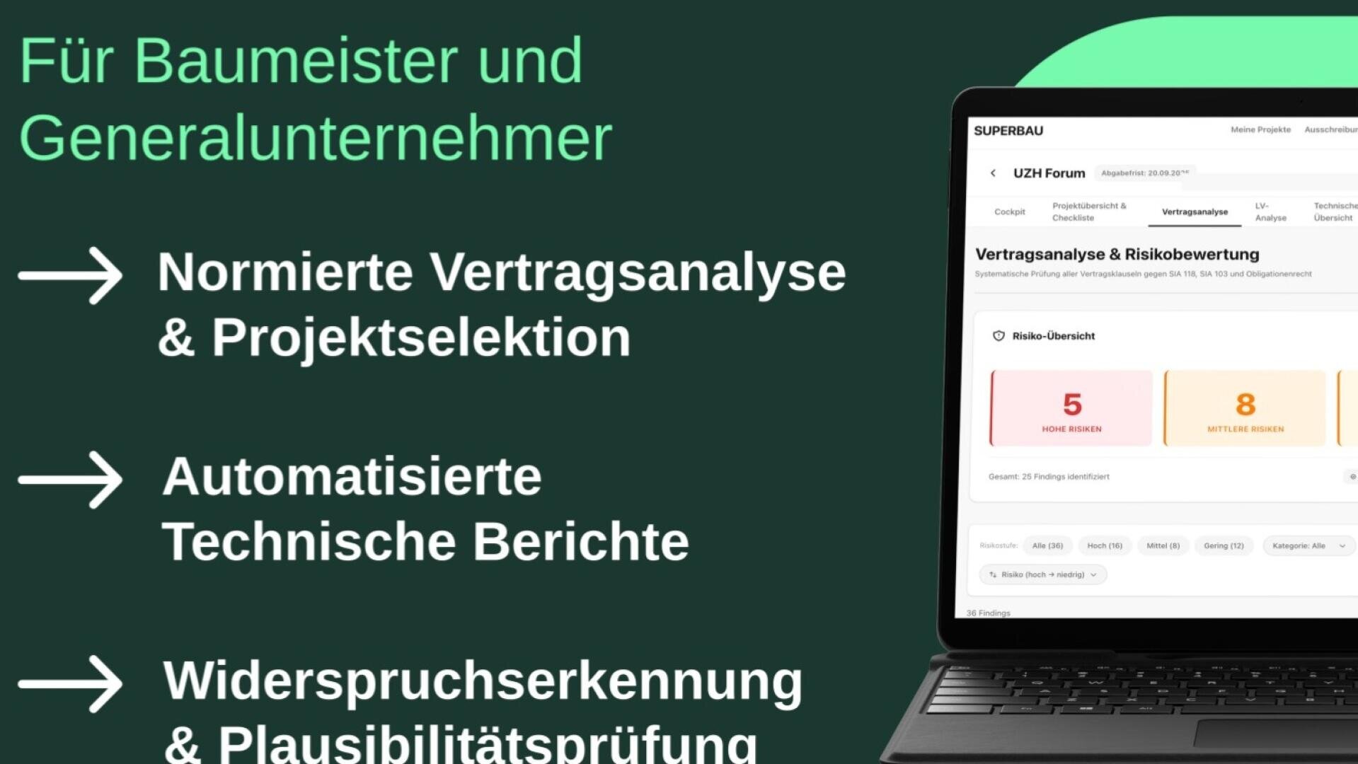 Ein Laptop zeigt ein Dashboard zur Vertragsanalyse und Risikobewertung an. Daneben hebt ein deutscher Text die Funktionen hervor: standardisierte Vertragsanalyse und Projektauswahl, automatisierte technische Berichte und Einwanderkennung mit Plausibilitätsprüfungen.