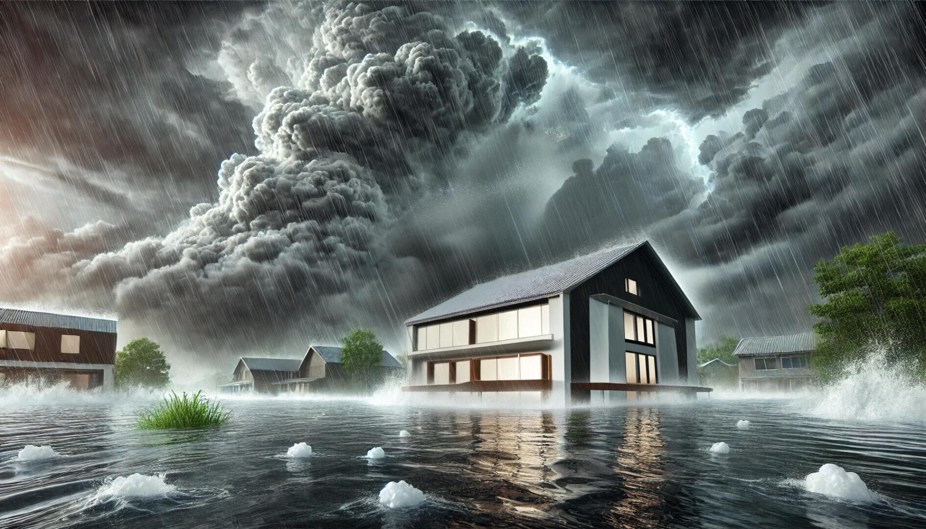 Ein modernes Haus steht inmitten steigender Fluten unter dunklen Gewitterwolken, es regnet in Strömen und um das Gebäude herum bilden sich stürmische Wellen.