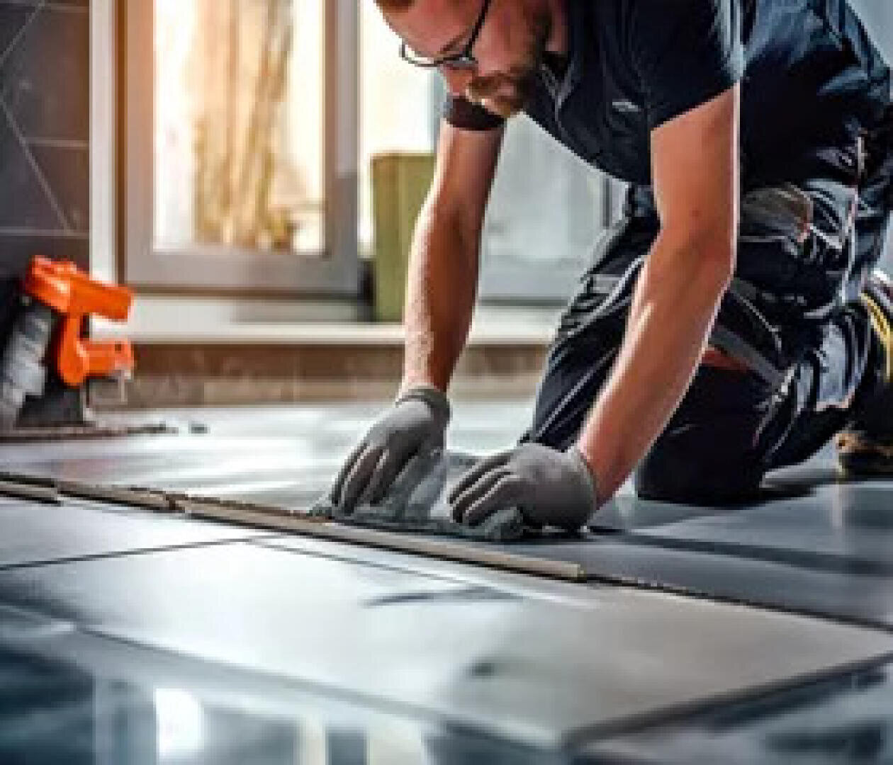 Eine Person mit Handschuhen kniet und verlegt große Bodenfliesen in einem Innenraum, wobei sie diese sorgfältig justiert und ausrichtet. Im Hintergrund sind Werkzeuge und ein Fenster zu sehen.