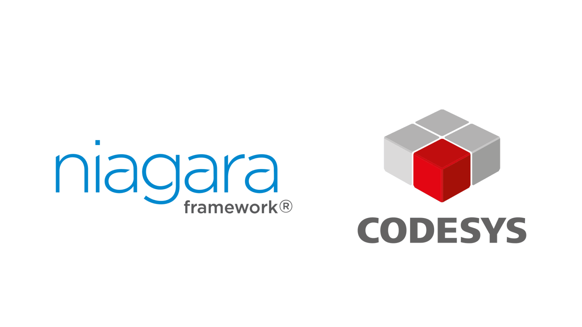 Das Bild zeigt das Niagara Framework-Logo in blauer Schrift auf der linken Seite und das CODESYS-Logo mit einem roten und grauen 3D-Würfel über dem Wort CODESYS in grauer Schrift auf der rechten Seite.