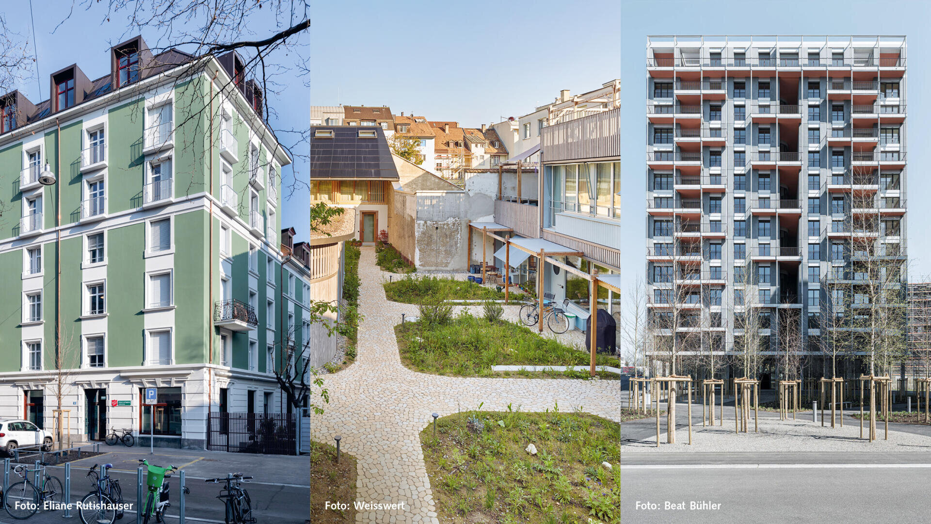Drei Fotos nebeneinander zeigen: ein grünes vierstöckiges Gebäude an einer Stadtstraße, einen von modernen Gebäuden umgebenen Innenhof mit Gärten und einen hohen, mehrstöckigen Wohnkomplex mit Balkonen und jungen Bäumen davor.