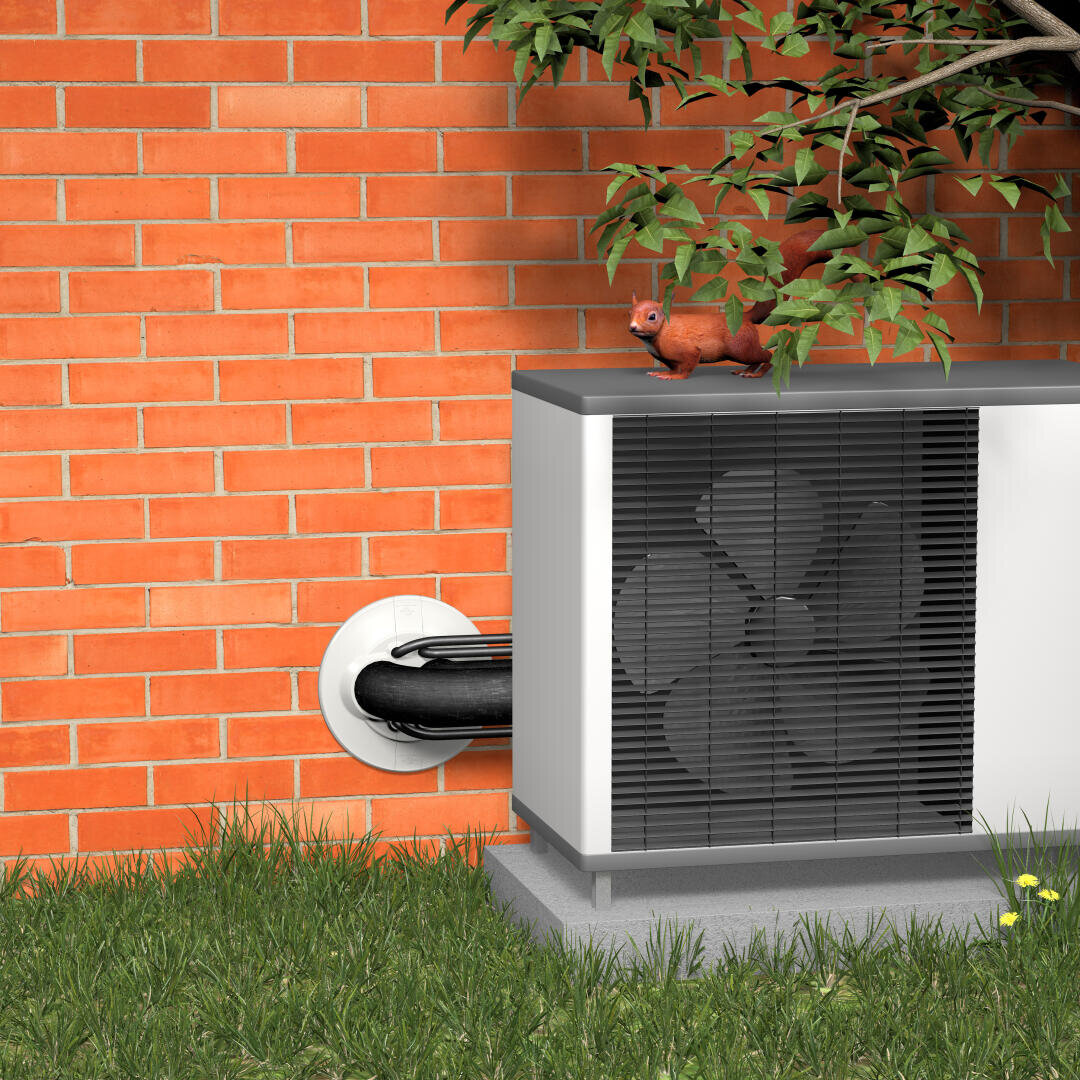Eine Wärmepumpeneinheit steht im Gras neben einer roten Backsteinmauer, in der Kabel verlaufen. Ein kleines braunes Eichhörnchen hockt auf dem Gerät, und darüber hängen grüne, belaubte Äste.