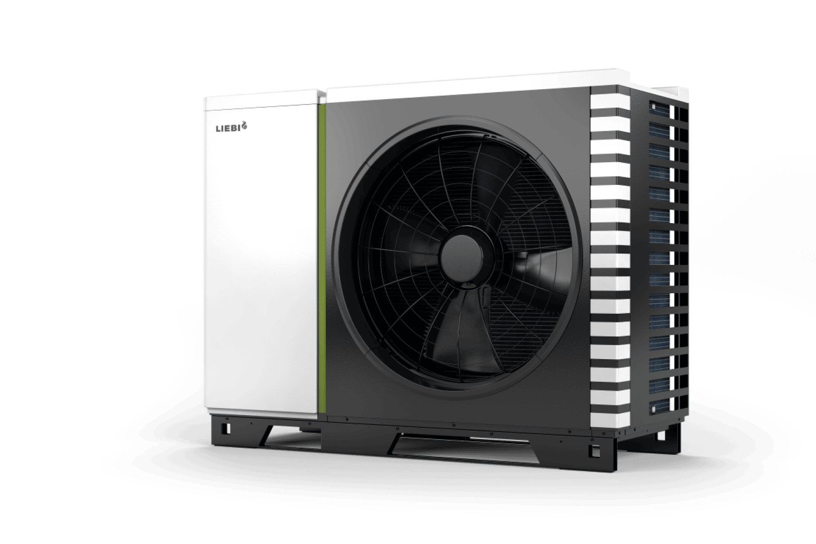 Ein modernes, rechteckiges Luft-Wärmepumpengerät mit einem großen schwarzen Ventilator in der Mitte, einem weiß-schwarzen Gehäuse und belüfteten Seiten, platziert auf einem hellgrauen Hintergrund.