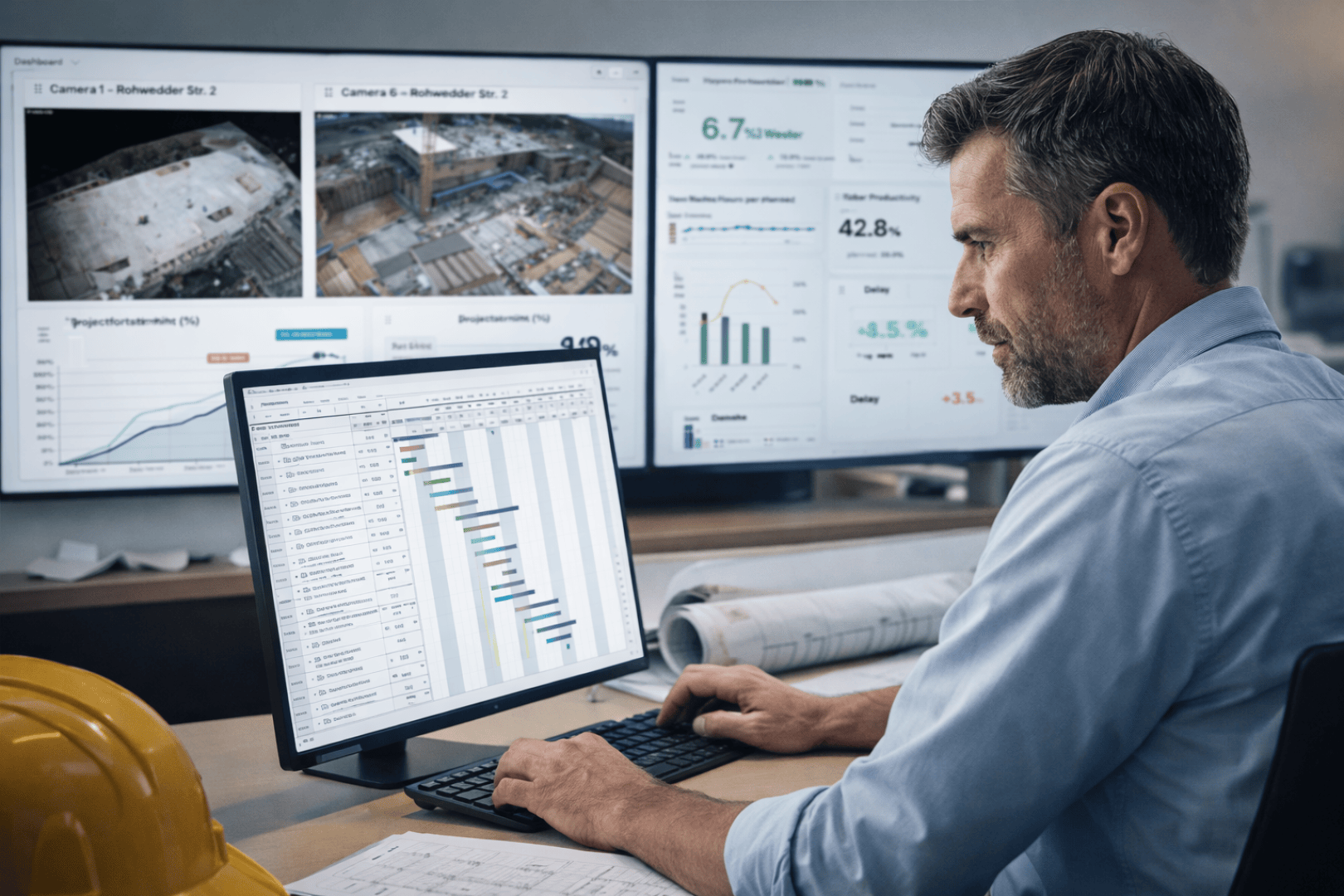 Ein Mann an einem Schreibtisch arbeitet an einem Computer, der ein Gantt-Diagramm anzeigt. Hinter ihm zeigen zwei große Monitore Baustellenbilder, Diagramme und Datenübersichten. Ein gelber Schutzhelm und aufgerollte Baupläne liegen ebenfalls auf dem Schreibtisch.