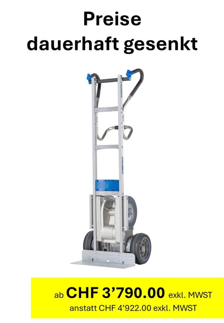 Unter einem deutschen Text, der eine dauerhafte Preissenkung ankündigt, ist eine Treppensteigerkarre abgebildet, die in einem gelben Kasten einen neuen Preis von CHF 3'790.00 (exkl. MwSt.) anzeigt, statt CHF 4'922.00.