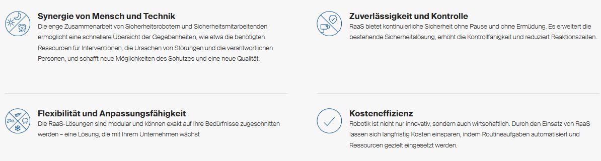 Vier Abschnitte mit Symbolen und deutschem Text beschreiben die Vorteile: Synergie von Mensch und Technik, Zuverl&auml;ssigkeit und Kontrolle, Flexibilit&auml;t und Anpassungsf&auml;higkeit sowie Kosteneffizienz im Sicherheitsmanagement.