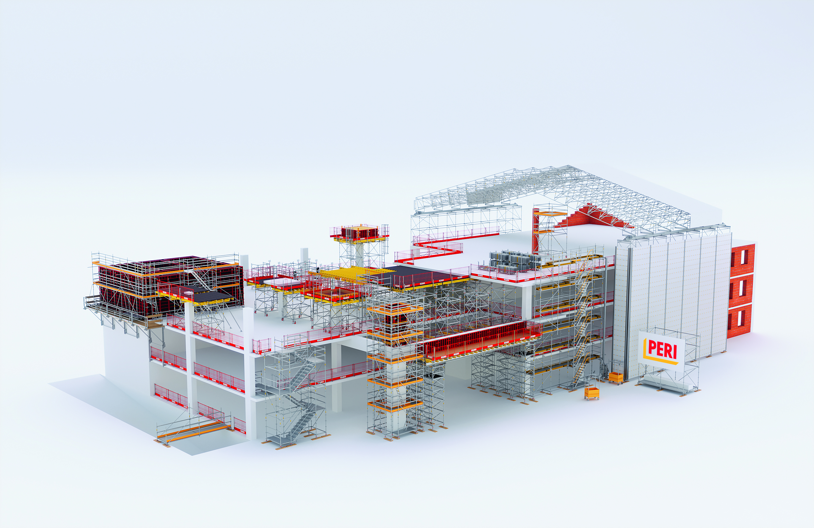 Ein digitales 3D-Rendering eines im Bau befindlichen mehrstöckigen Gebäudes mit umfangreichen Gerüsten, Treppen und Plattformen. Das Bauwerk ist mit einem "PERI"-Schild gekennzeichnet und verwendet verschiedene Baumaterialien und Sicherheitsbarrieren.