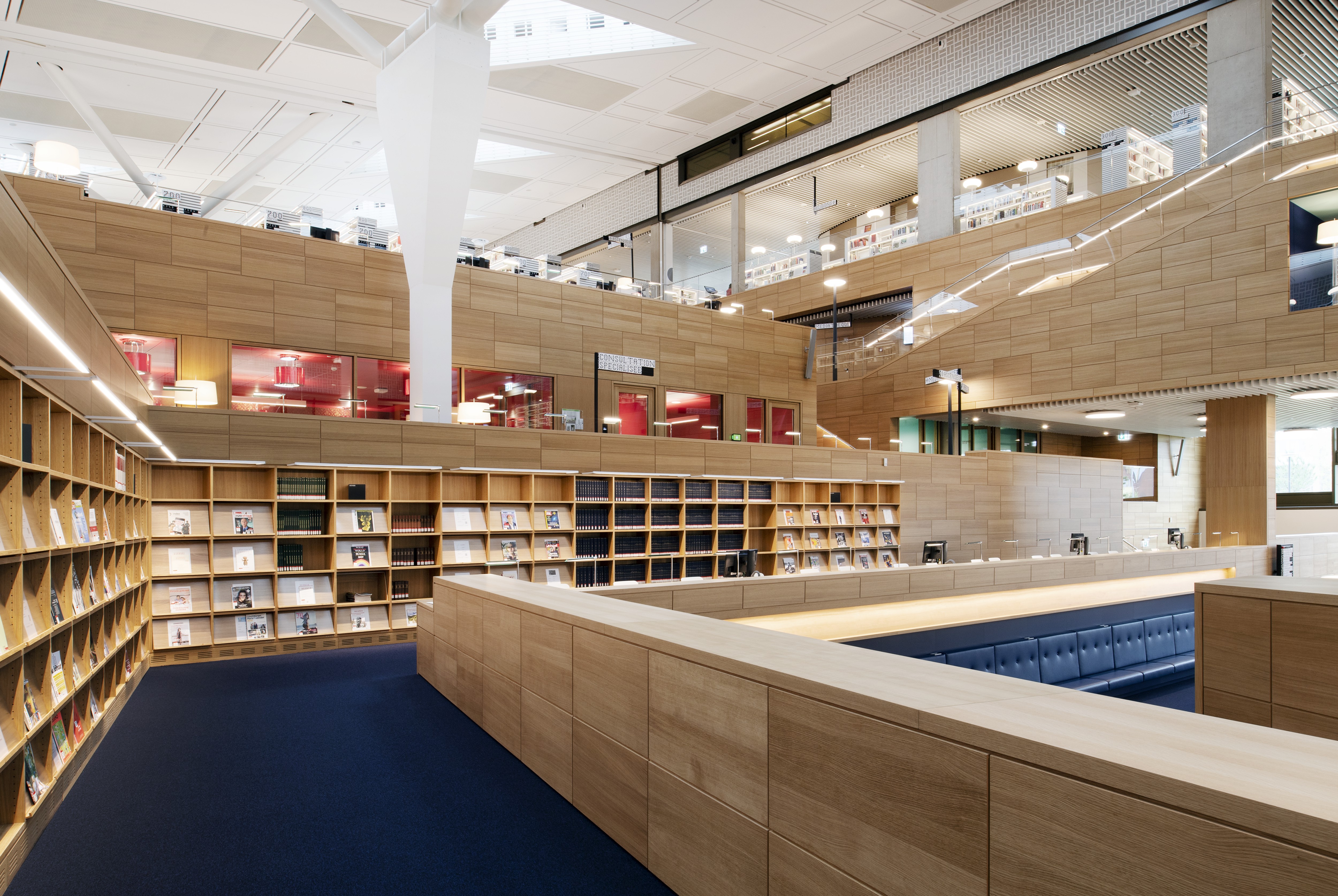 Aménagement moderne de la bibliothèque avec des étagères en bois, un tapis bleu et des sièges spacieux. De grandes fenêtres et des balcons ouverts aux étages supérieurs assurent la lumière naturelle et la vue sur d'autres bibliothèques et espaces de travail.