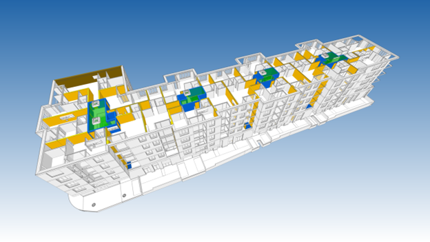 3D-Grundriss eines mehrstöckigen Gebäudes mit Räumen und Fluren in den Farben Weiß, Gelb, Grün und Blau und einem blauen Hintergrund mit Farbverlauf. Das Layout zeigt mehrere Einheiten und gemeinsam genutzte Räume auf jeder Etage.