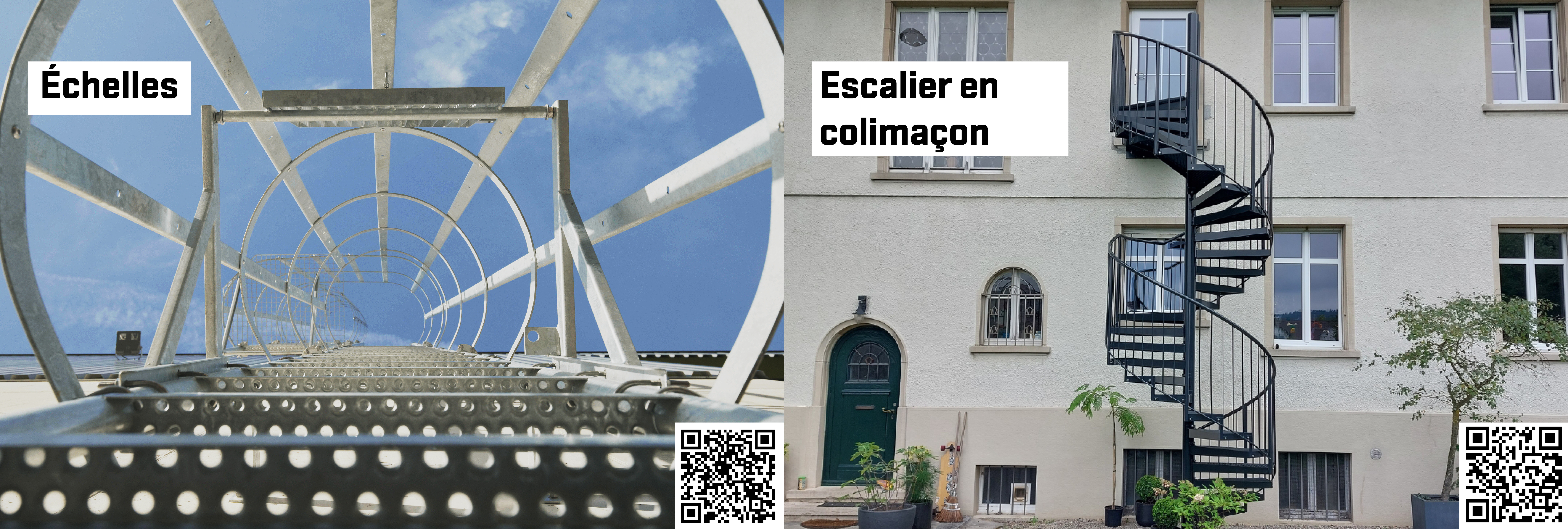 Image fractionnée : à gauche, une échelle métallique en cage prise de dessous dans un ciel bleu, intitulée Échelles ; à droite, un escalier noir en colimaçon sur la façade d'un bâtiment beige, intitulé Escalier en colimaçon. Les codes QR se trouvent dans les deux coins.