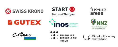 Eine Sammlung von Logos verschiedener Organisationen, darunter SWISS KRONO, GUTEX, Collano, START Netzwerk Thurgau, inos, future areas, THURGAUER TECHNOLOGIE FORUM, NNX und Circular Economy Switzerland.