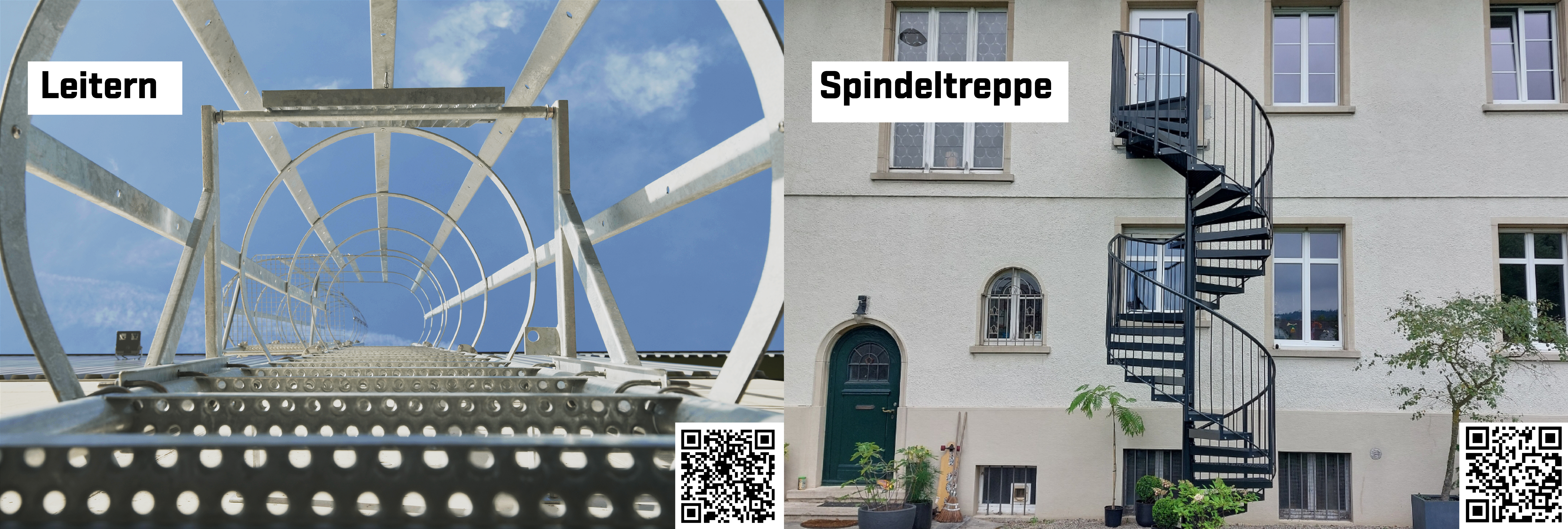 Geteiltes Bild: Links ist eine Metallleiter zu sehen, die sich von unten gegen den Himmel abhebt und mit Leitern beschriftet ist. Rechts ist eine schwarze Wendeltreppe vor einem cremefarbenen Gebäude zu sehen, die mit Spindeltreppe beschriftet ist. Jede Seite hat einen QR-Code am unteren Rand.