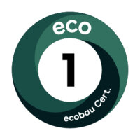 Un badge circulaire vert et sarcelle foncé avec le mot eco en haut, le chiffre 1 au centre et le texte ecobau Cert. en bas.